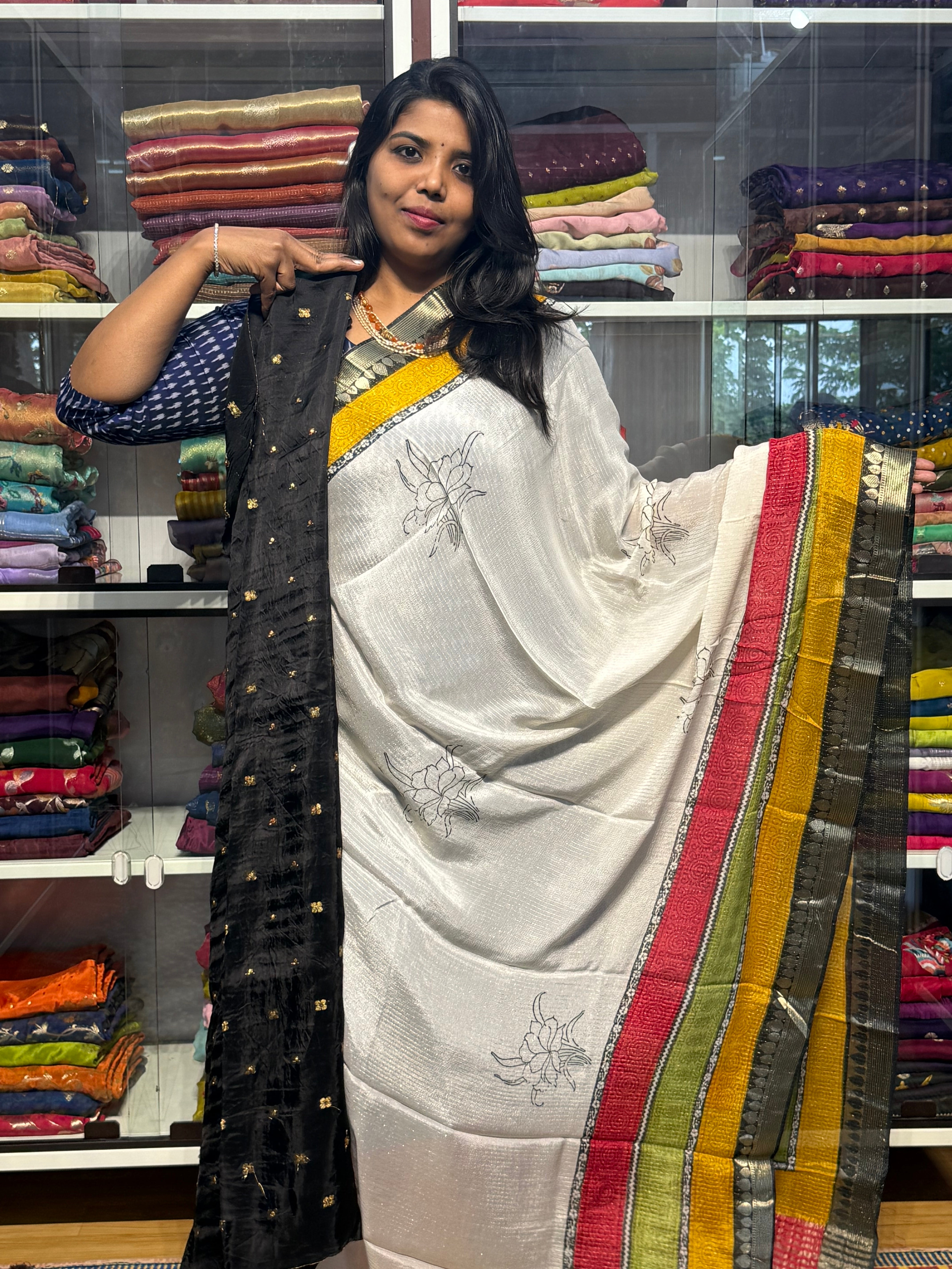 PURE CHIFFON WITH MULTICOLOR BORDER
