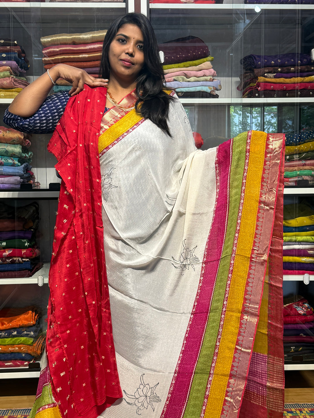 PURE CHIFFON WITH MULTICOLOR BORDER