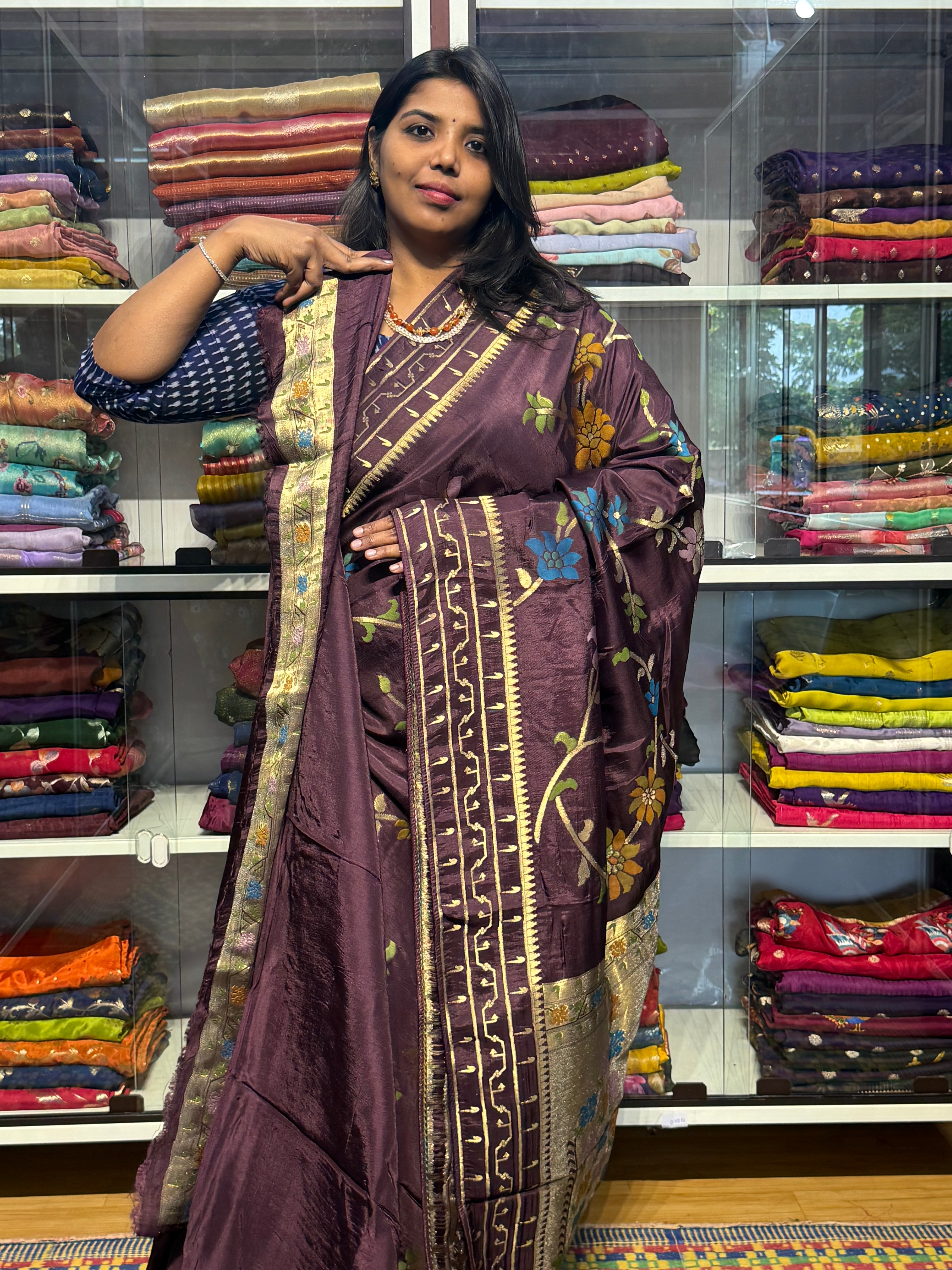MAHESWARI JAMDHANI SAREES WITH MEENKARI FLORAL JAAL AND MUNIYA BORDER: CHOCLATE