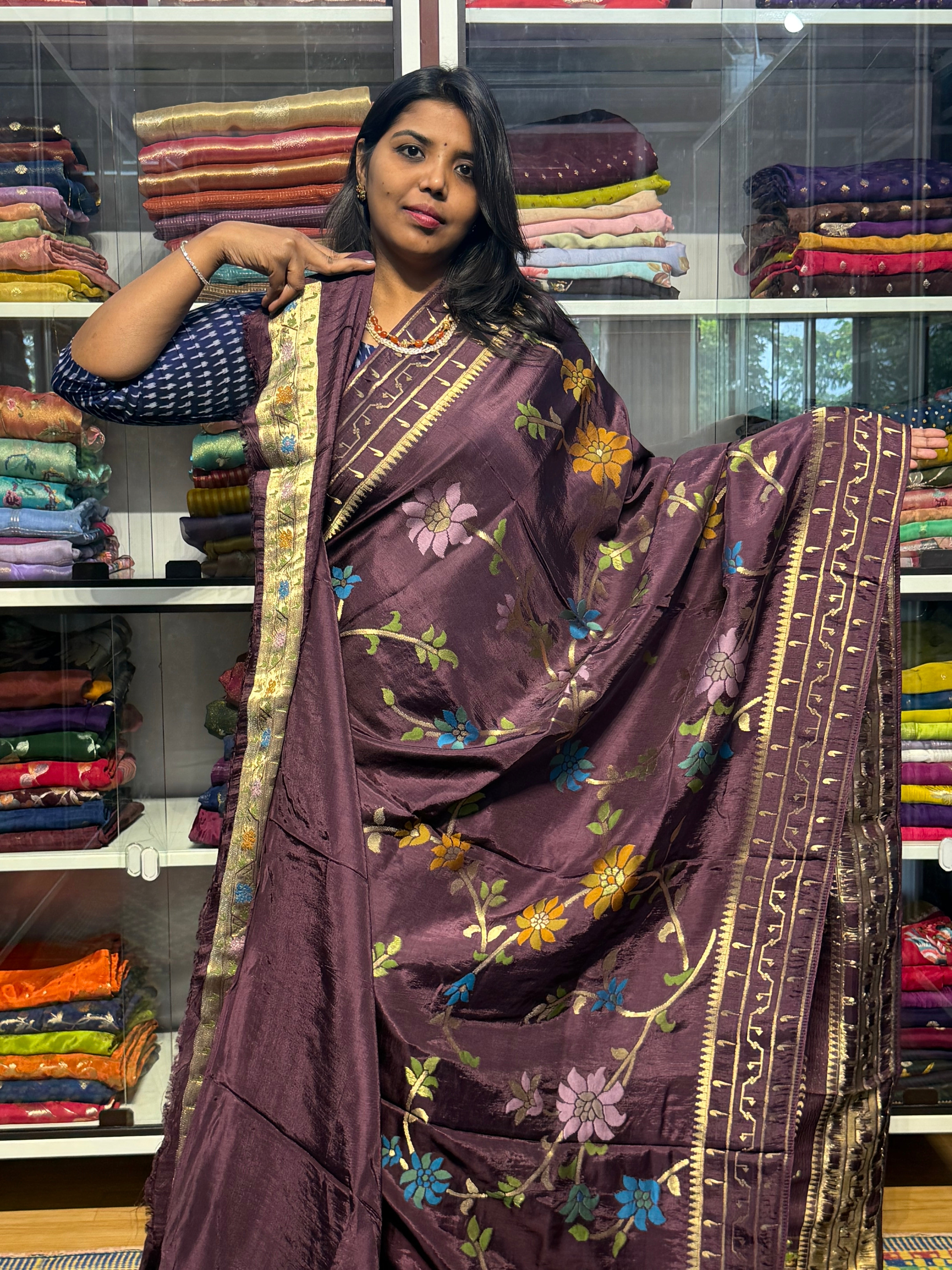 MAHESWARI JAMDHANI SAREES WITH MEENKARI FLORAL JAAL AND MUNIYA BORDER: CHOCLATE
