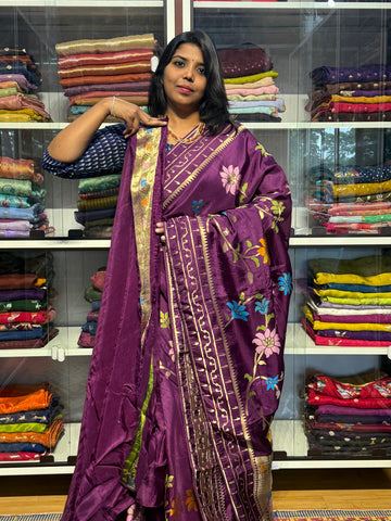 MAHESWARI JAMDHANI SAREES WITH MEENKARI FLORAL JAAL AND MUNIYA BORDER: PURPLE
