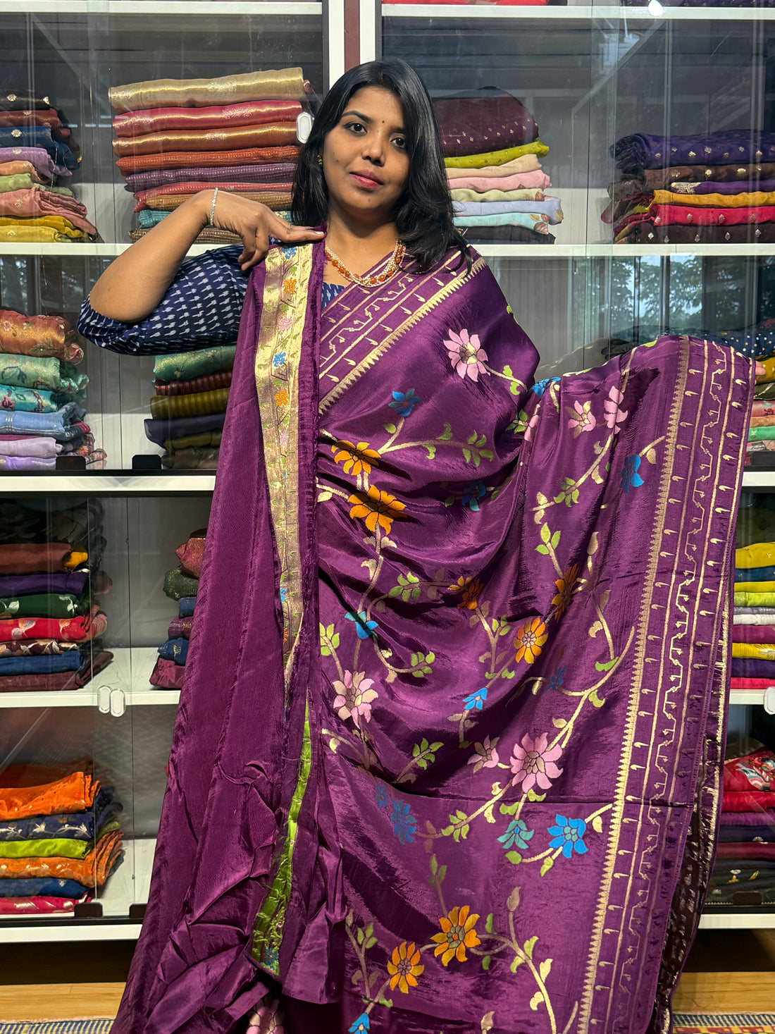 MAHESWARI JAMDHANI SAREES WITH MEENKARI FLORAL JAAL AND MUNIYA BORDER: PURPLE