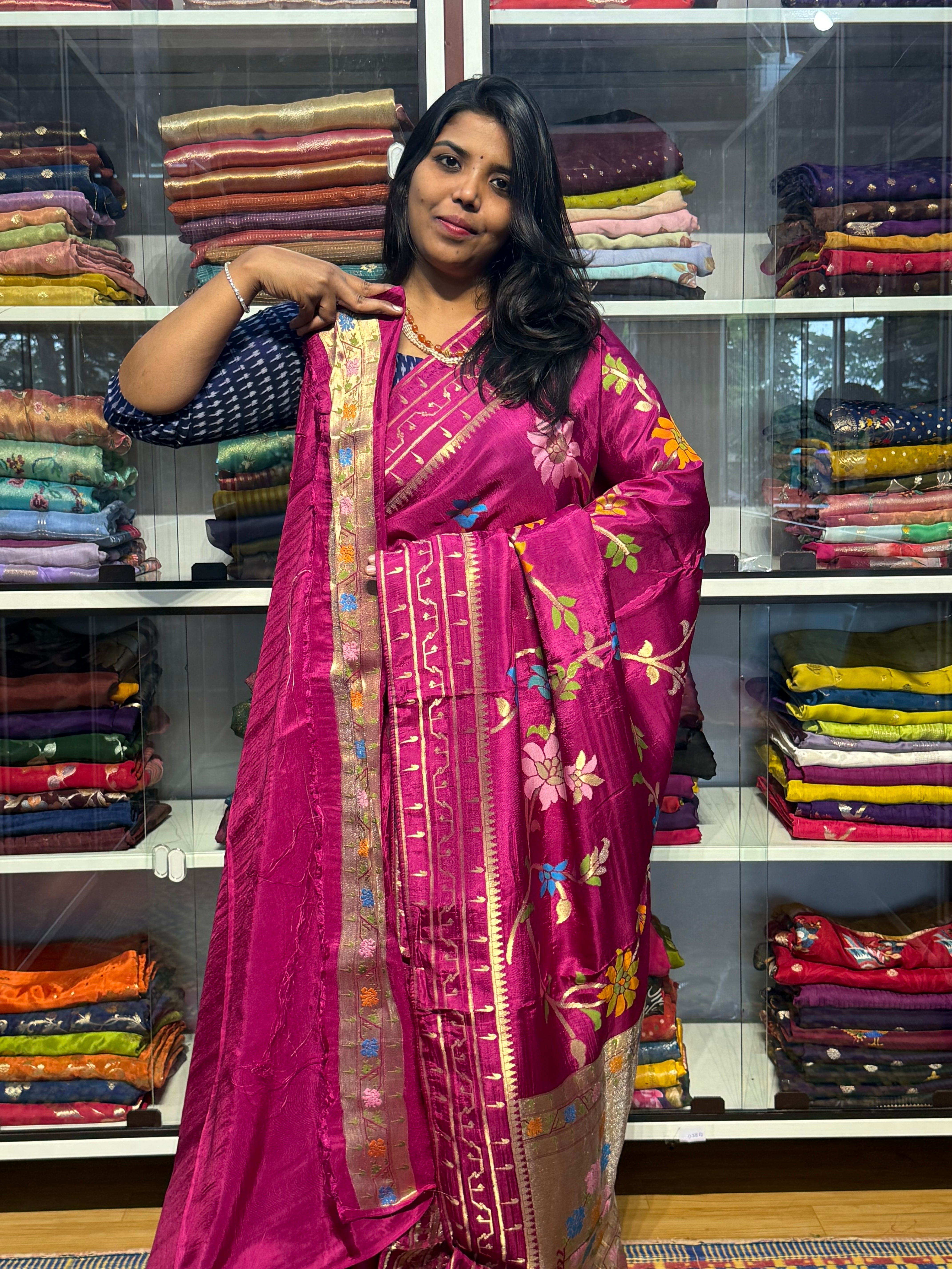 MAHESWARI JAMDHANI SAREES WITH MEENKARI FLORAL JAAL AND MUNIYA BORDER: MAGENTA PINK