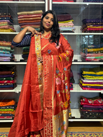 MAHESWARI JAMDHANI SAREES WITH MEENKARI FLORAL JAAL AND MUNIYA BORDER: RUST