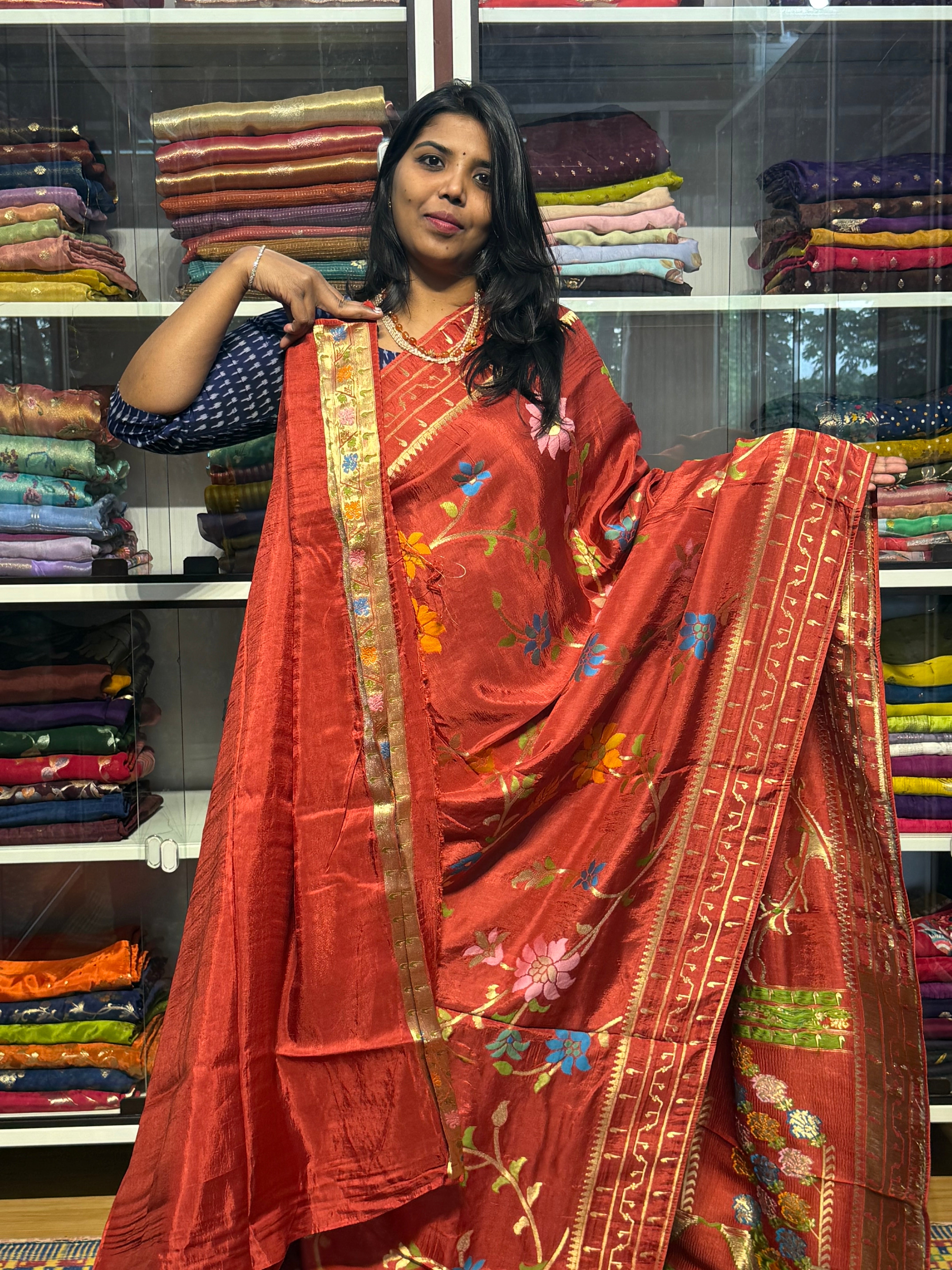 MAHESWARI JAMDHANI SAREES WITH MEENKARI FLORAL JAAL AND MUNIYA BORDER: RUST