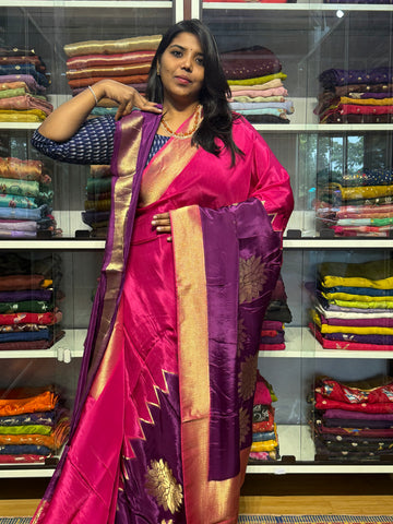 PURE HO SILK SAREE WITH DUAL SHADE AND KHADDI BORDER: PINK AND PURPLE