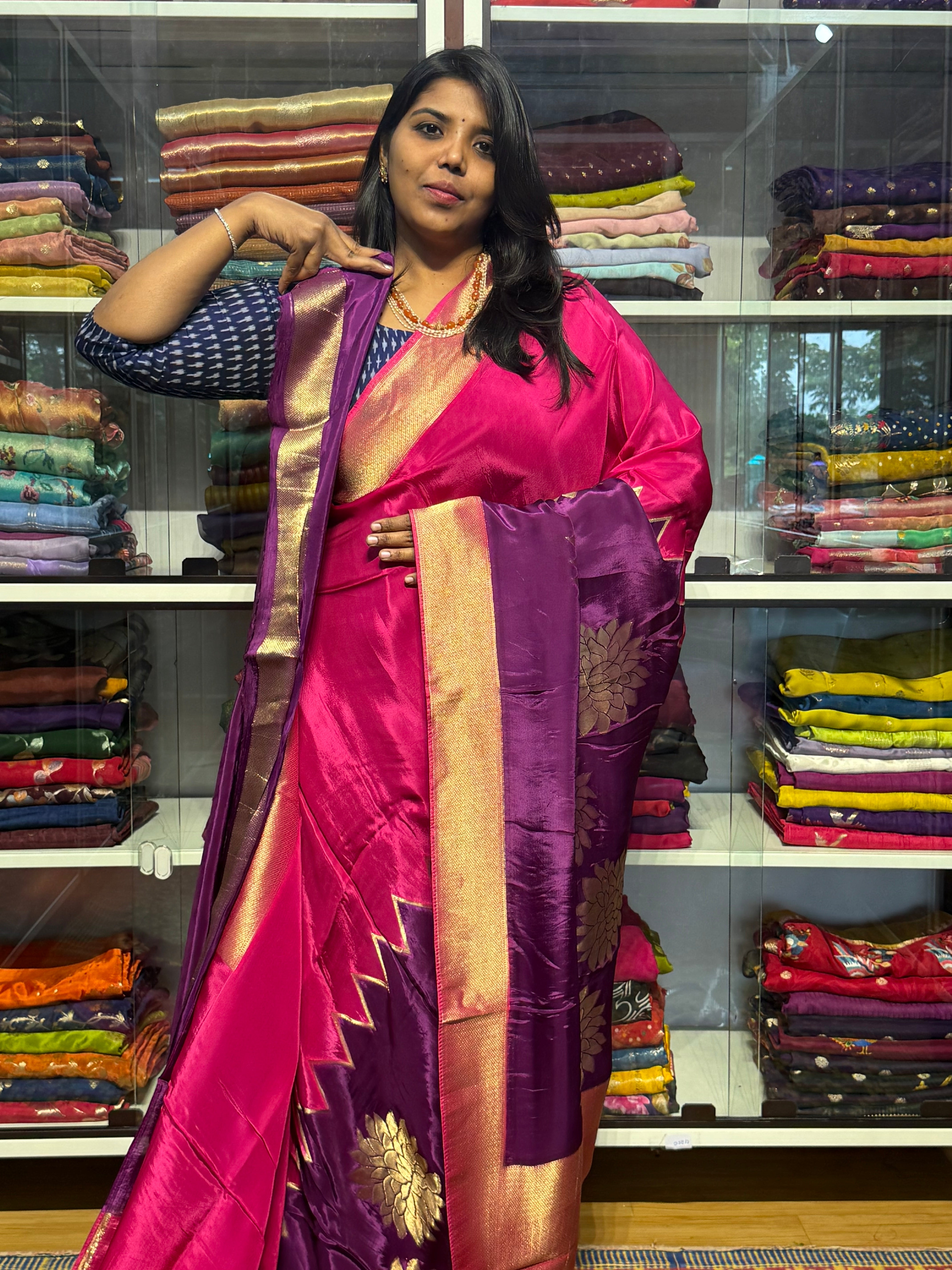 PURE HO SILK SAREE WITH DUAL SHADE AND KHADDI BORDER: PINK AND PURPLE