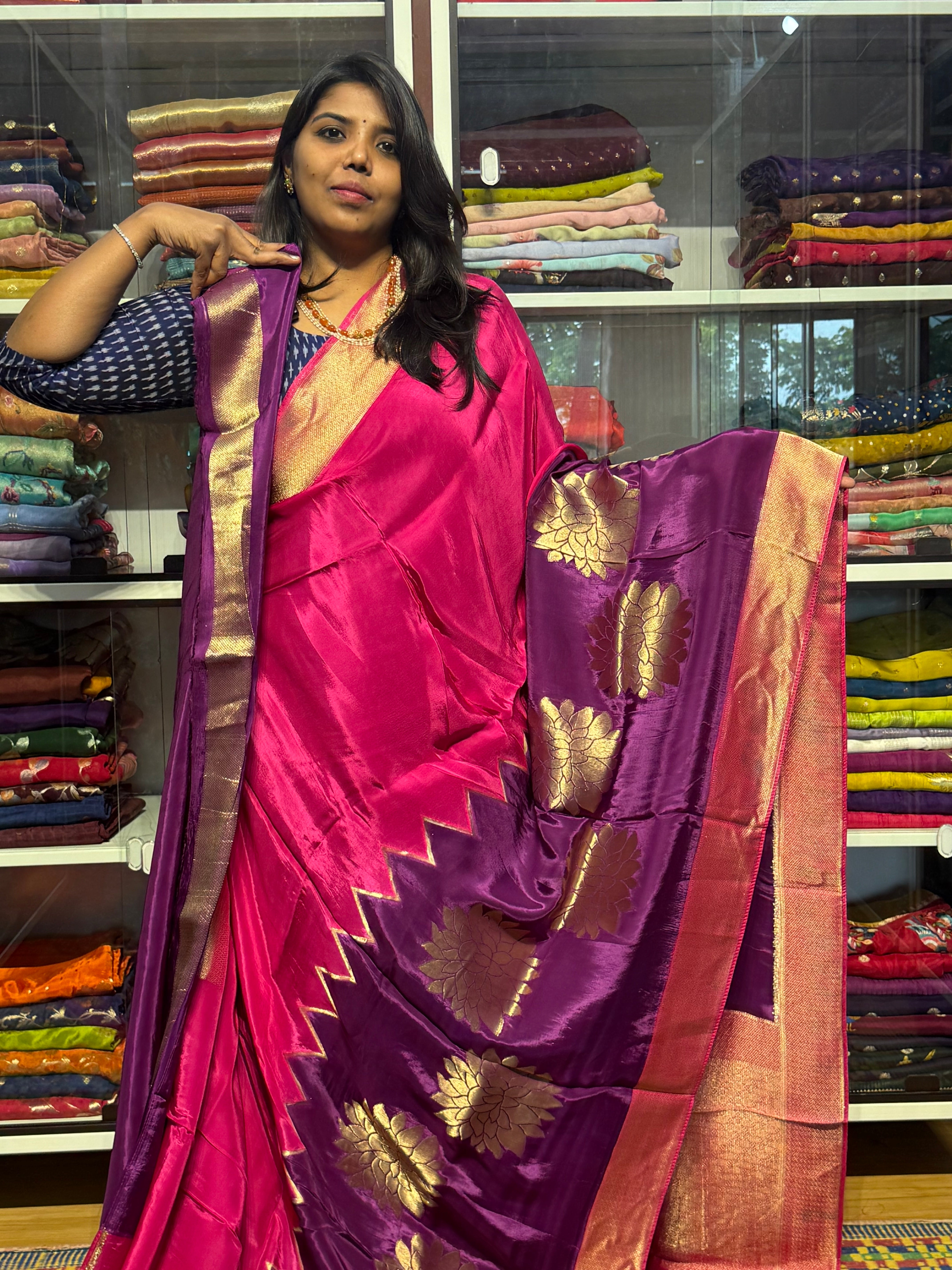 PURE HO SILK SAREE WITH DUAL SHADE AND KHADDI BORDER: PINK AND PURPLE