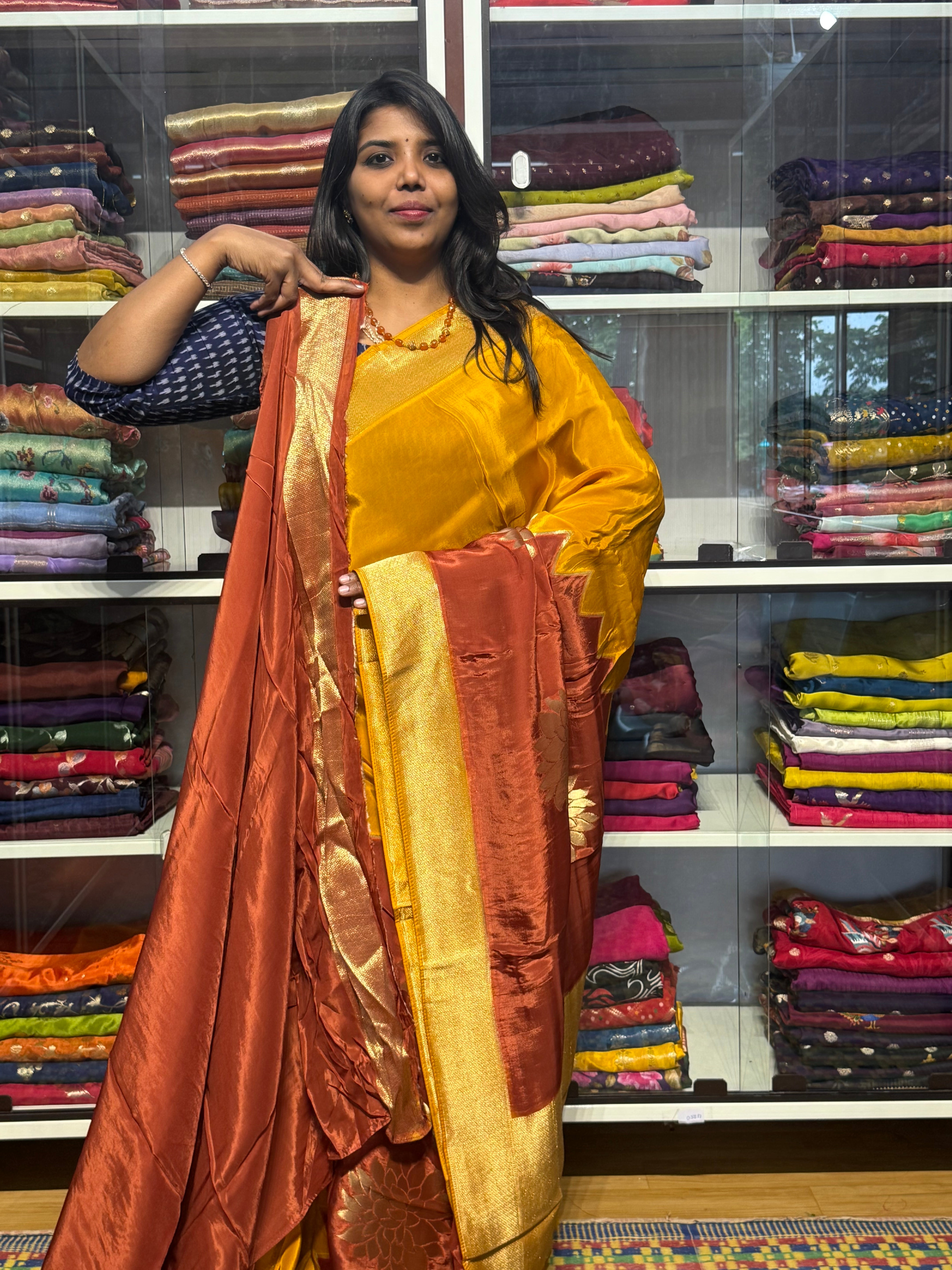 PURE HO SILK SAREE WITH DUAL SHADE AND KHADDI BORDER: MUSTARD AND BROWN