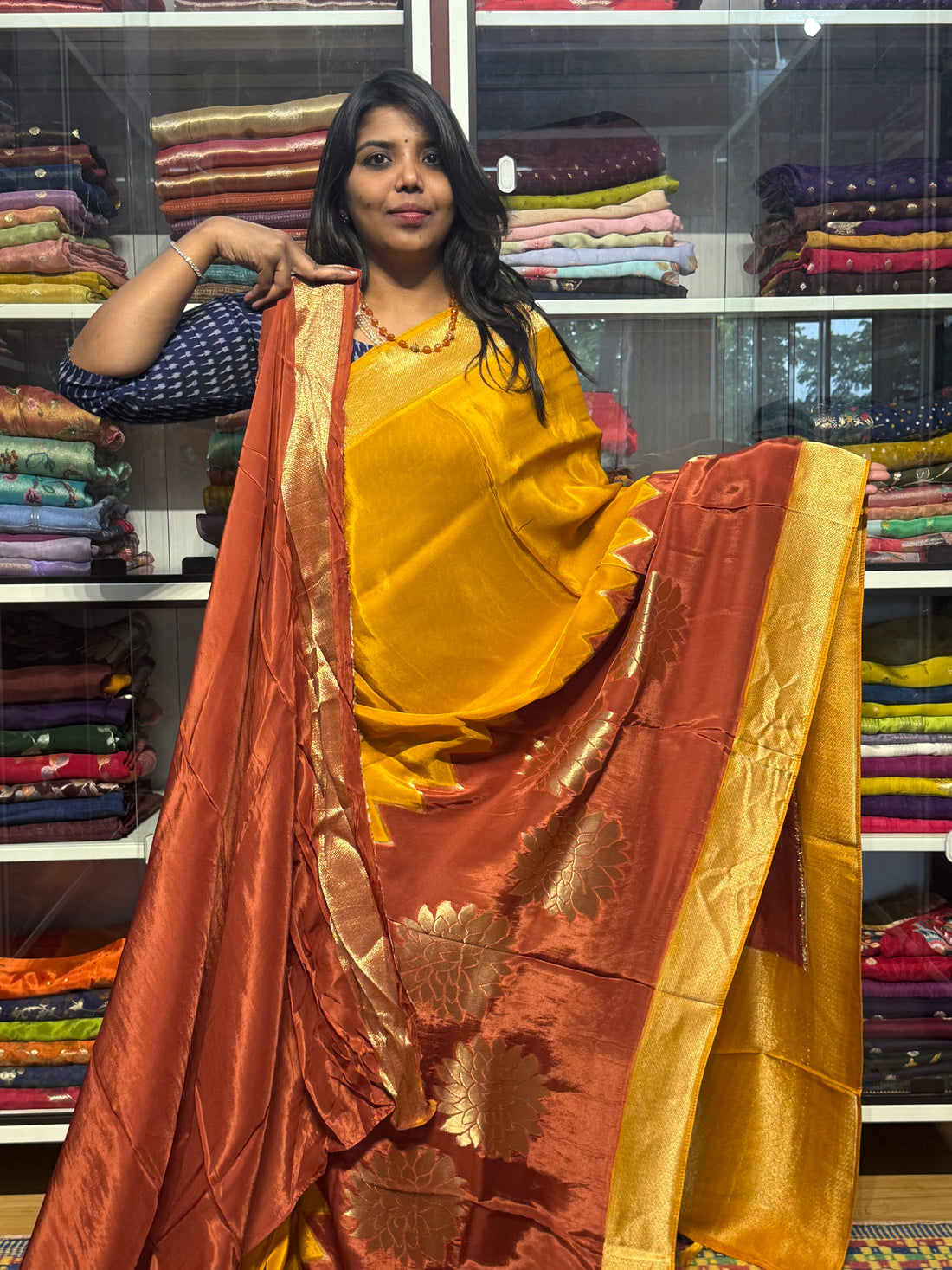PURE HO SILK SAREE WITH DUAL SHADE AND KHADDI BORDER: MUSTARD AND BROWN