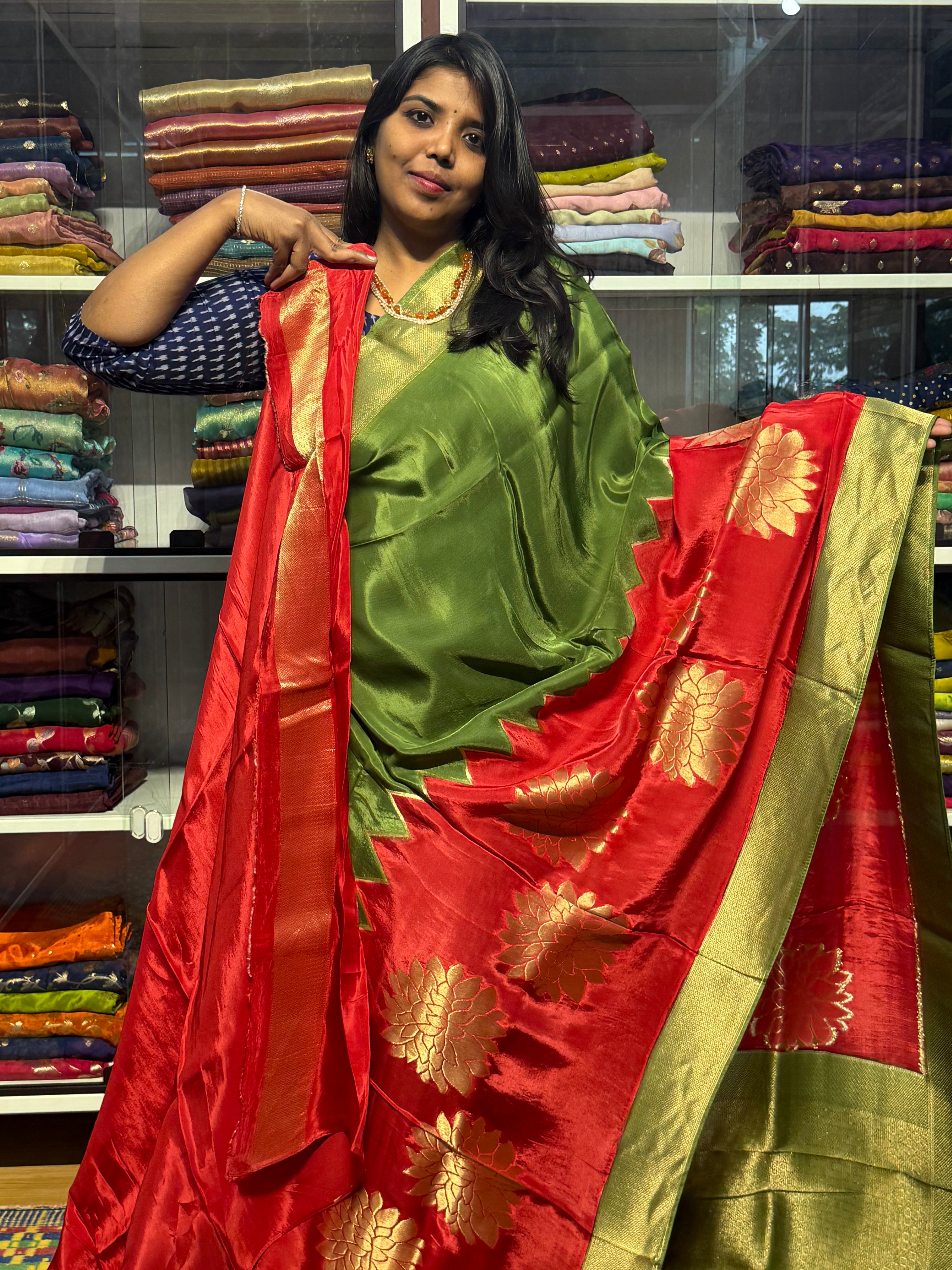 PURE HO SILK SAREE WITH DUAL SHADE AND KHADDI BORDER:GREEN AND RED