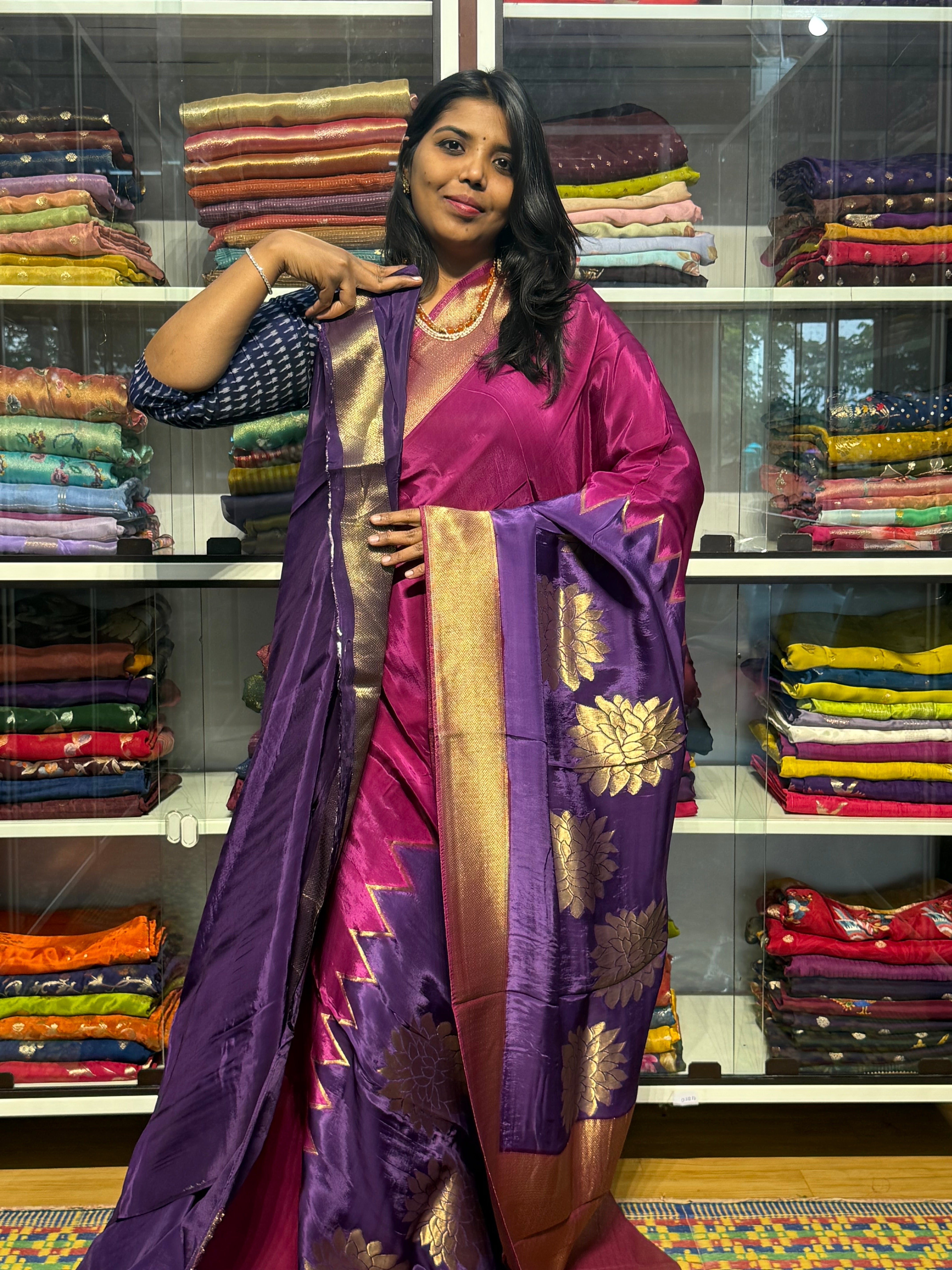 PURE HO SILK SAREE WITH DUAL SHADE AND KHADDI BORDER: MAGENTA AND VOILET