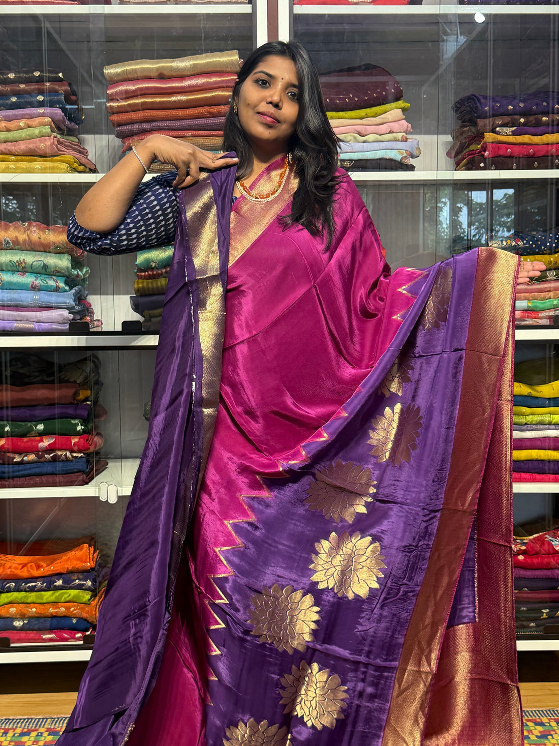 PURE HO SILK SAREE WITH DUAL SHADE AND KHADDI BORDER: MAGENTA AND VOILET