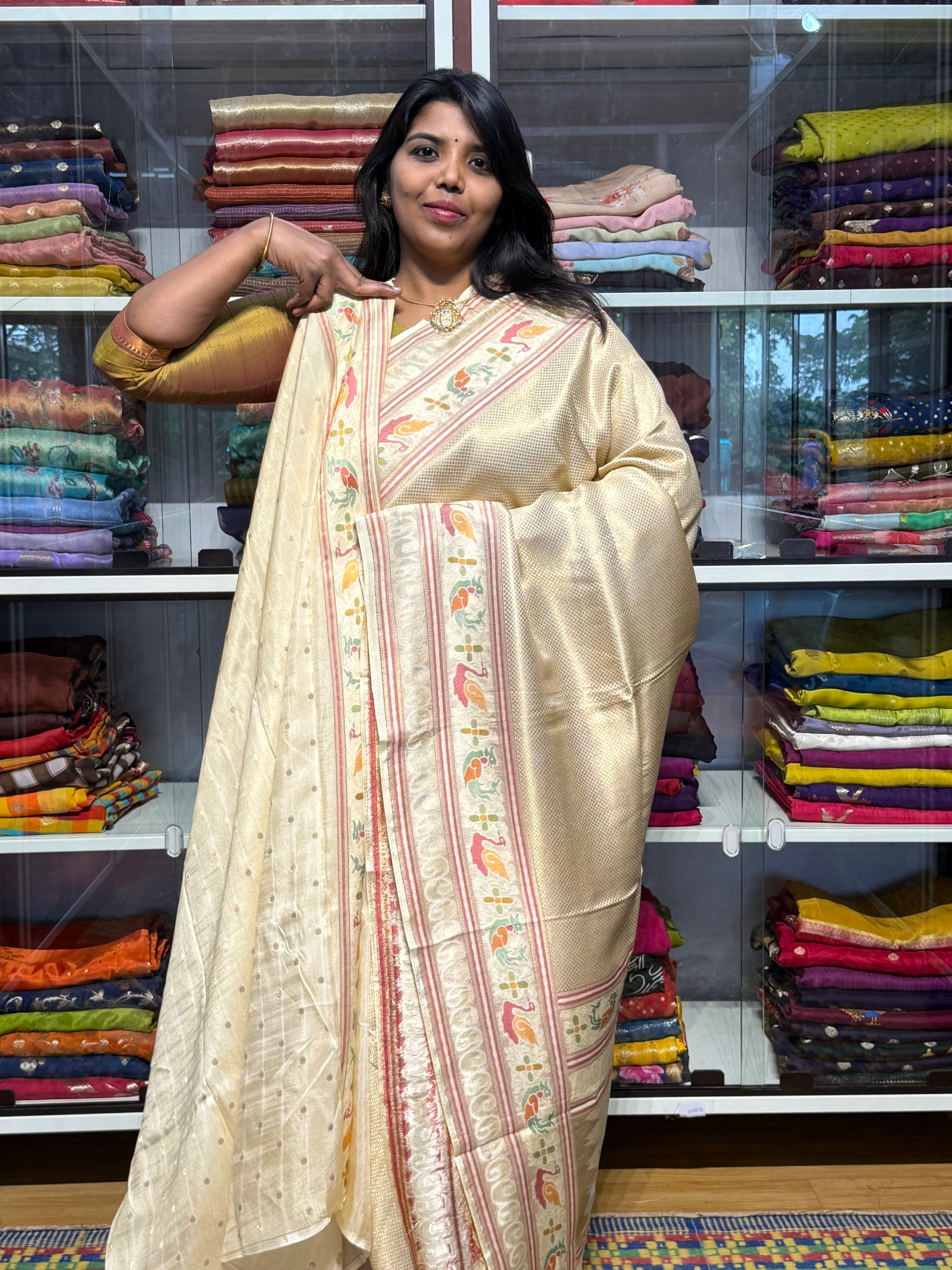 PREMIUM BANARAS SILK FULL BROCADE WEAVING WITH MEENAKARI BORDER: CREAM