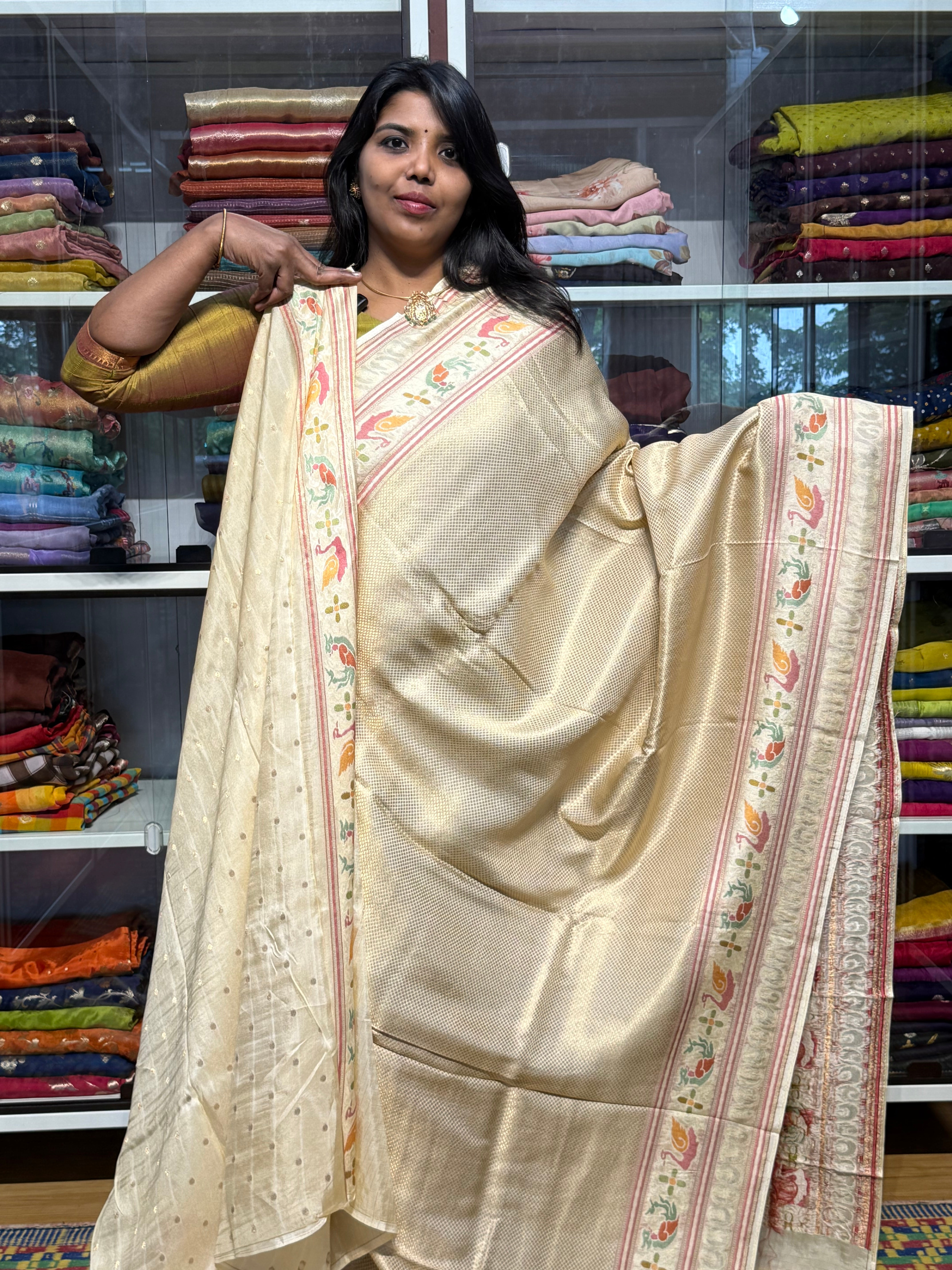 PREMIUM BANARAS SILK FULL BROCADE WEAVING WITH MEENAKARI BORDER: CREAM