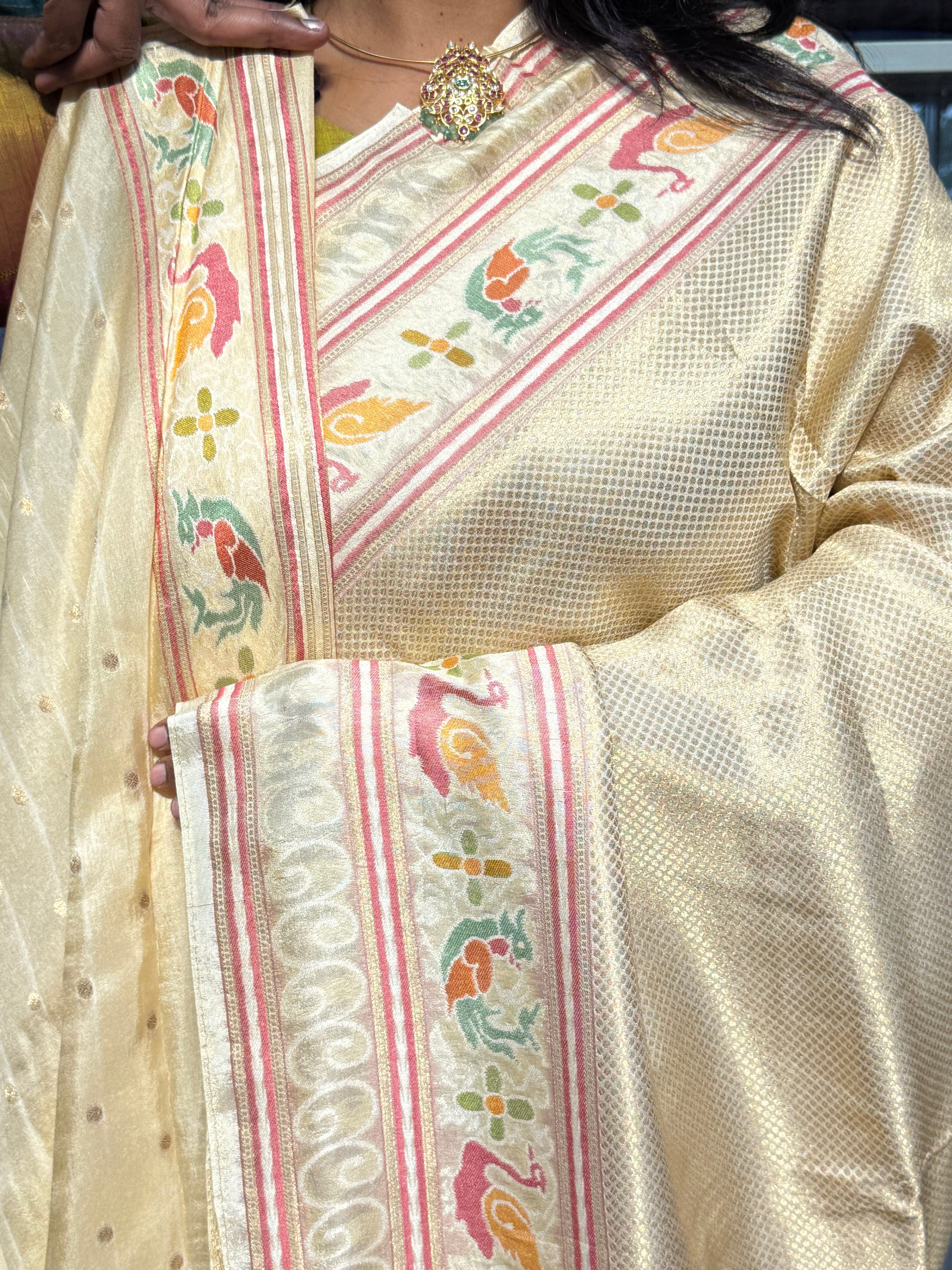 PREMIUM BANARAS SILK FULL BROCADE WEAVING WITH MEENAKARI BORDER: CREAM