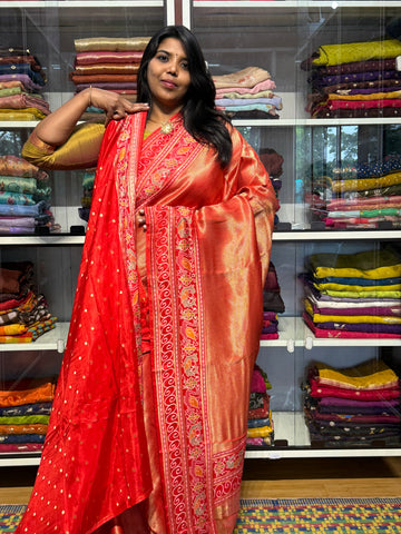 PREMIUM BANARAS SILK FULL BROCADE WEAVING WITH MEENAKARI BORDER: RED