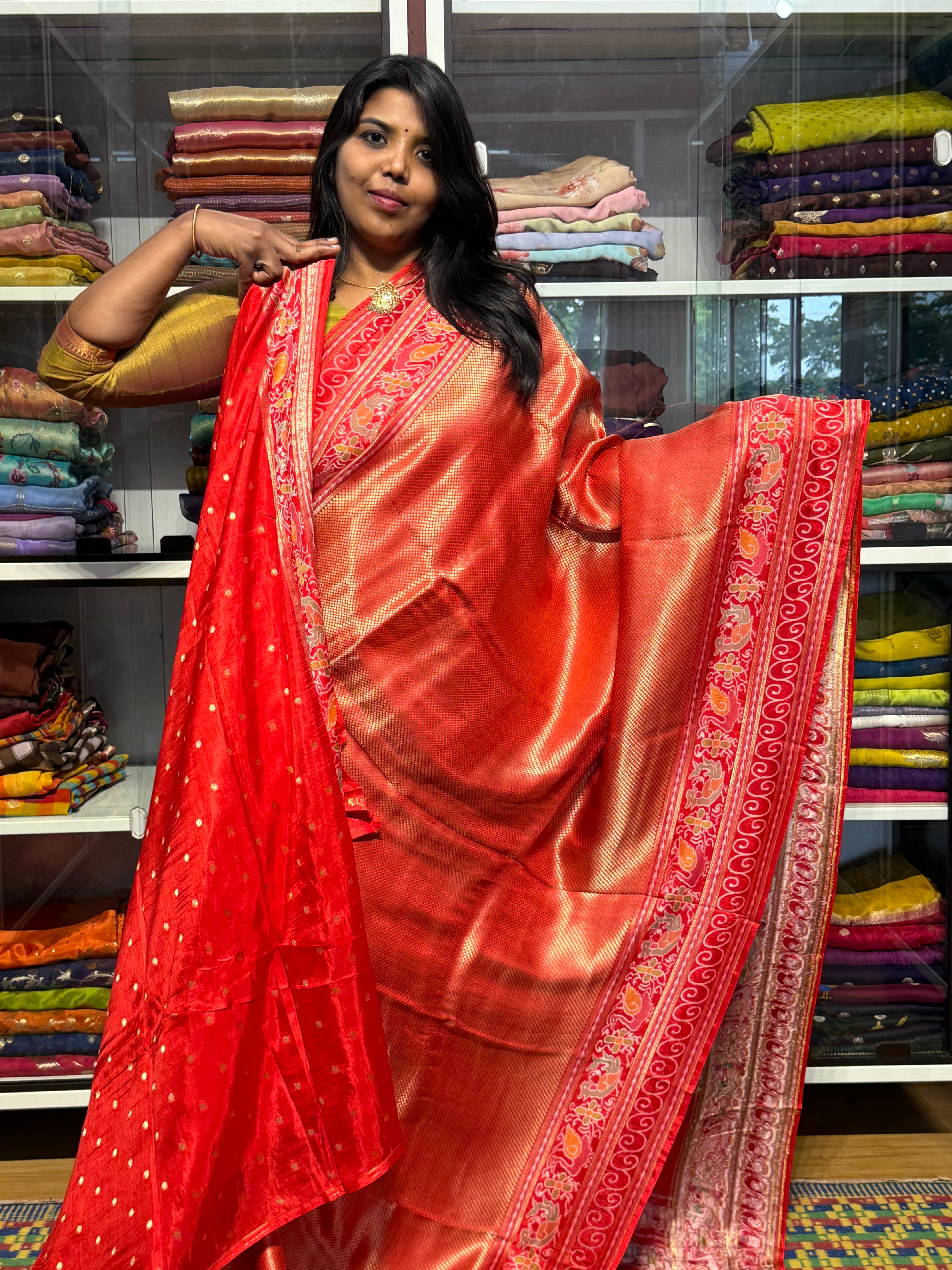PREMIUM BANARAS SILK FULL BROCADE WEAVING WITH MEENAKARI BORDER: RED