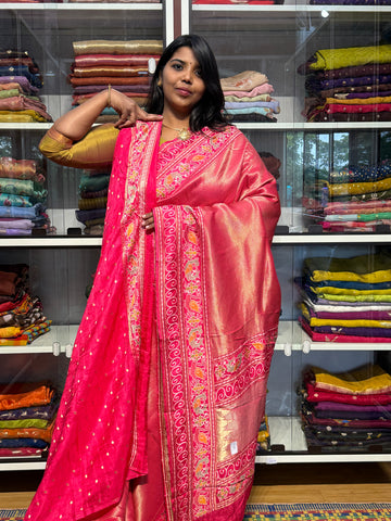 PREMIUM BANARAS SILK FULL BROCADE WEAVING WITH MEENAKARI BORDER: PINK