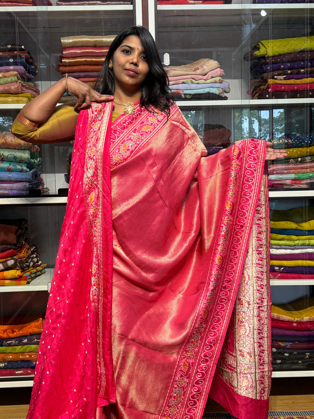 PREMIUM BANARAS SILK FULL BROCADE WEAVING WITH MEENAKARI BORDER: PINK