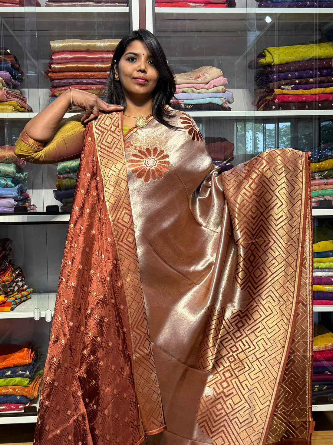 PURE TISSSUE SILK SAREE WITH GEOMETRY PATTERN: BROWN