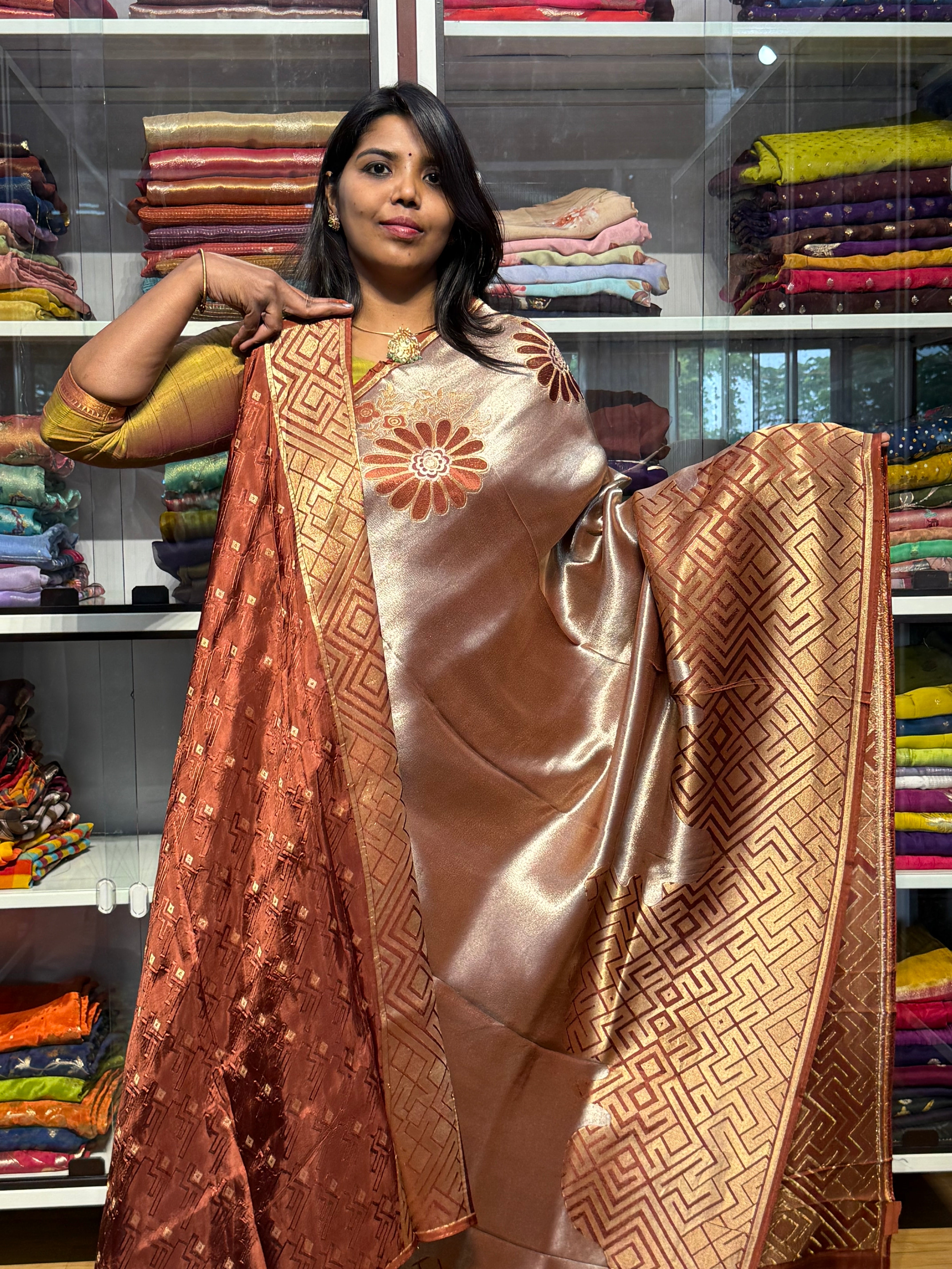 PURE TISSSUE SILK SAREE WITH GEOMETRY PATTERN: BROWN