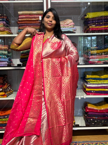 PURE TISSSUE SILK SAREE GEOMETRY PATTERN: PINK