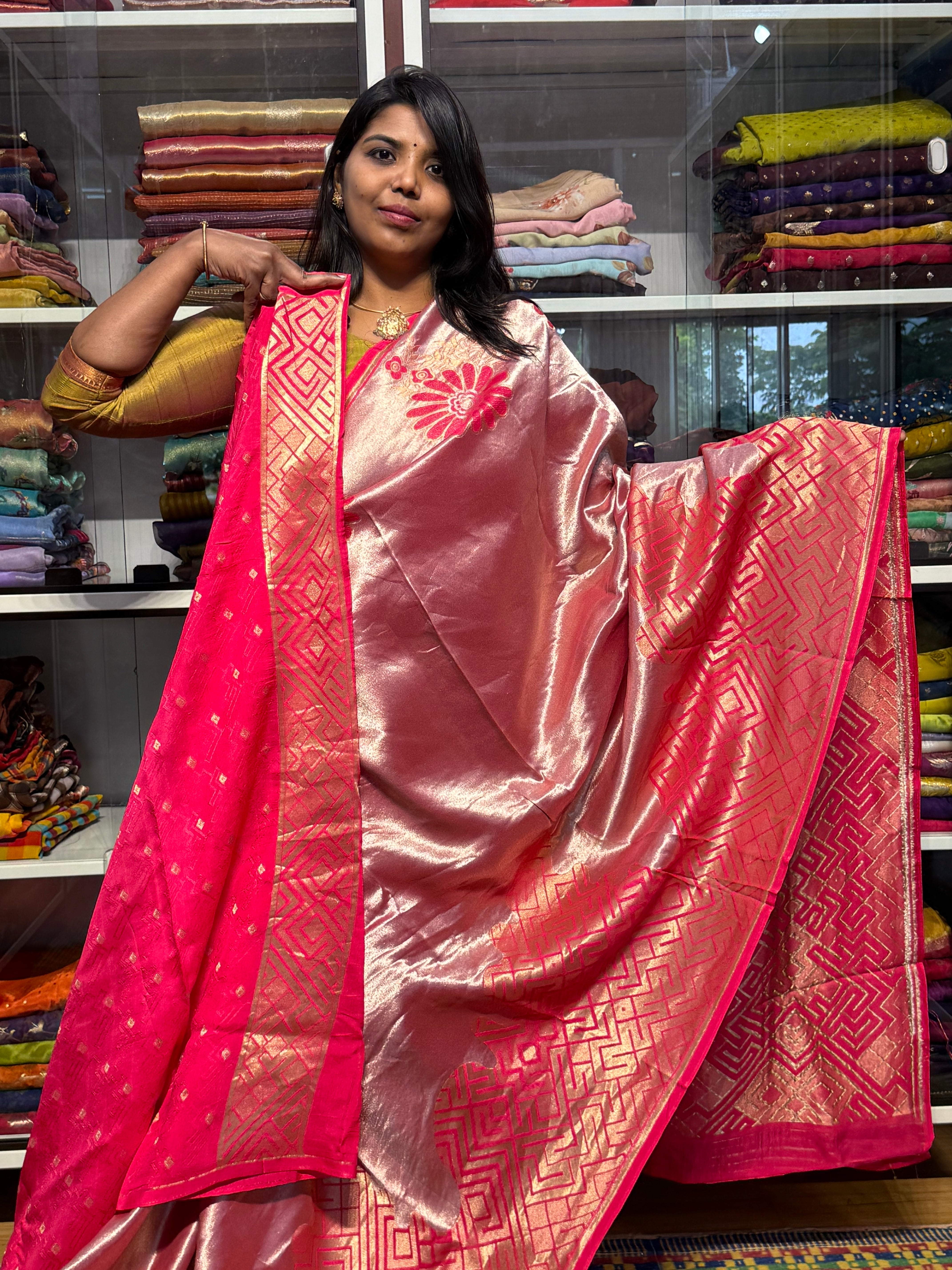 PURE TISSSUE SILK SAREE GEOMETRY PATTERN: PINK