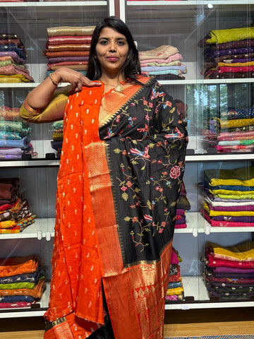 PETIT POINT EMBROIDERY ON PREMIUM MYSORE SILK SAREE: BLACK AND ORANGE