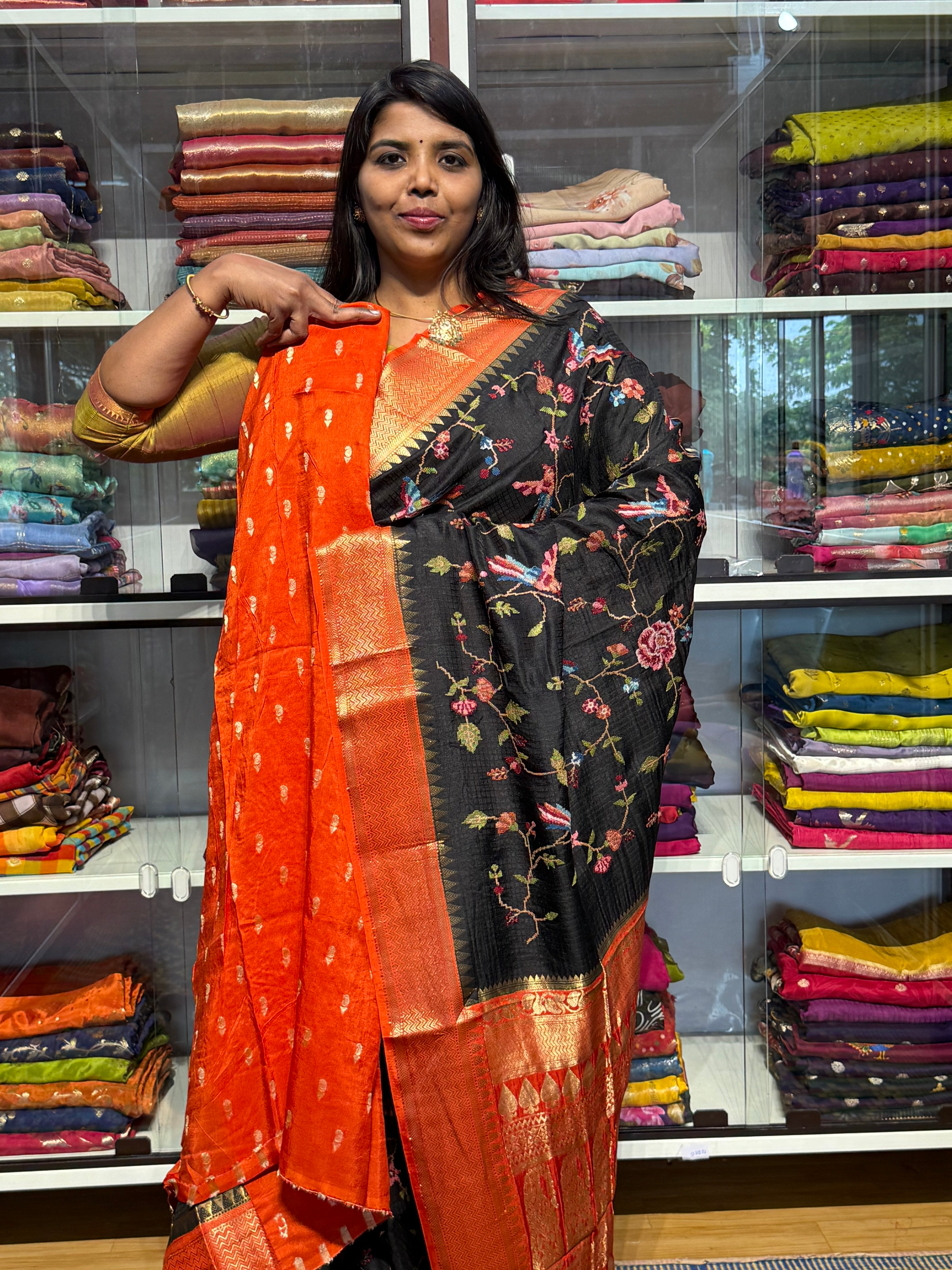 PETIT POINT EMBROIDERY ON PREMIUM MYSORE SILK SAREE: BLACK AND ORANGE