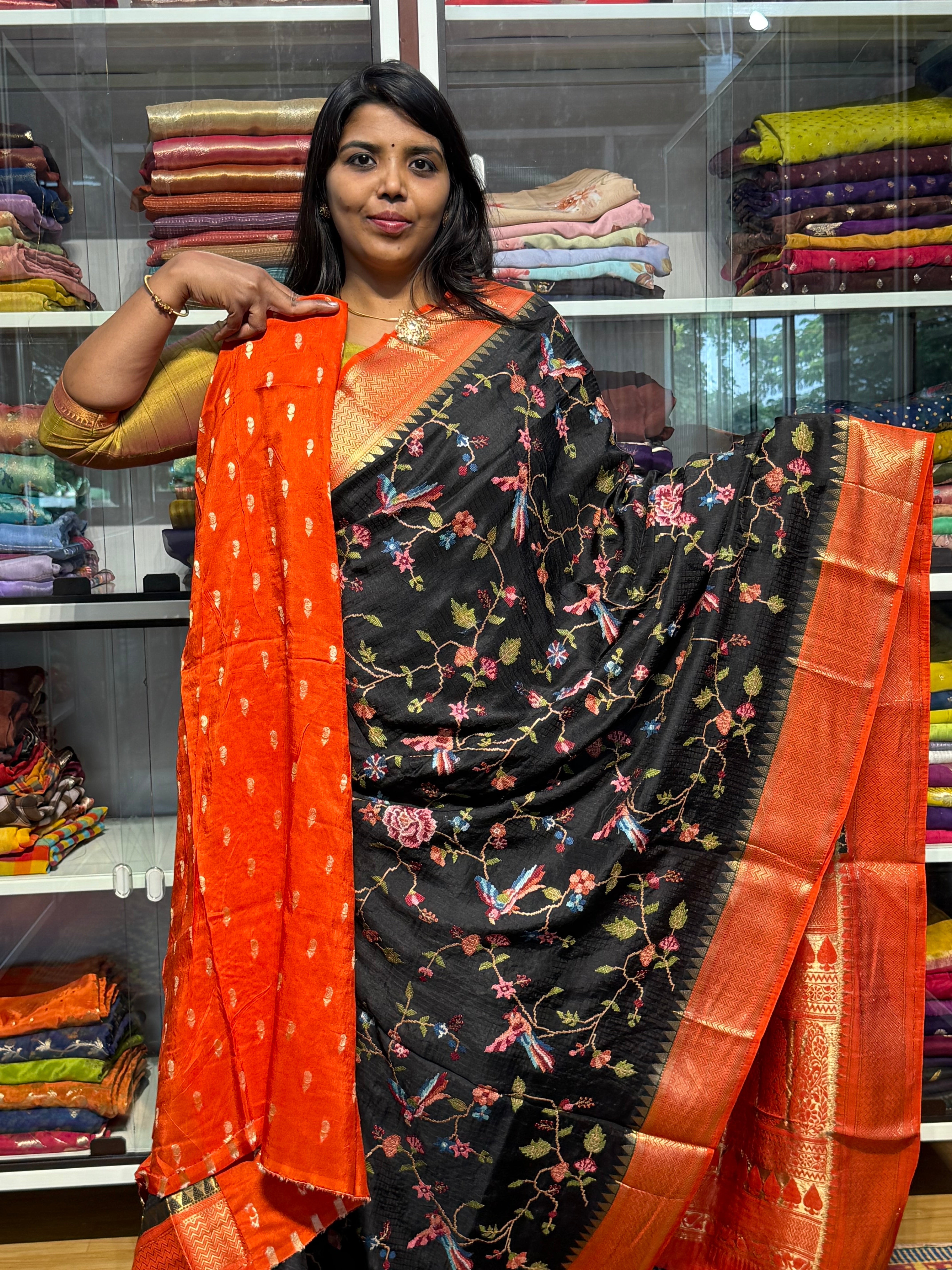 PETIT POINT EMBROIDERY ON PREMIUM MYSORE SILK SAREE: BLACK AND ORANGE