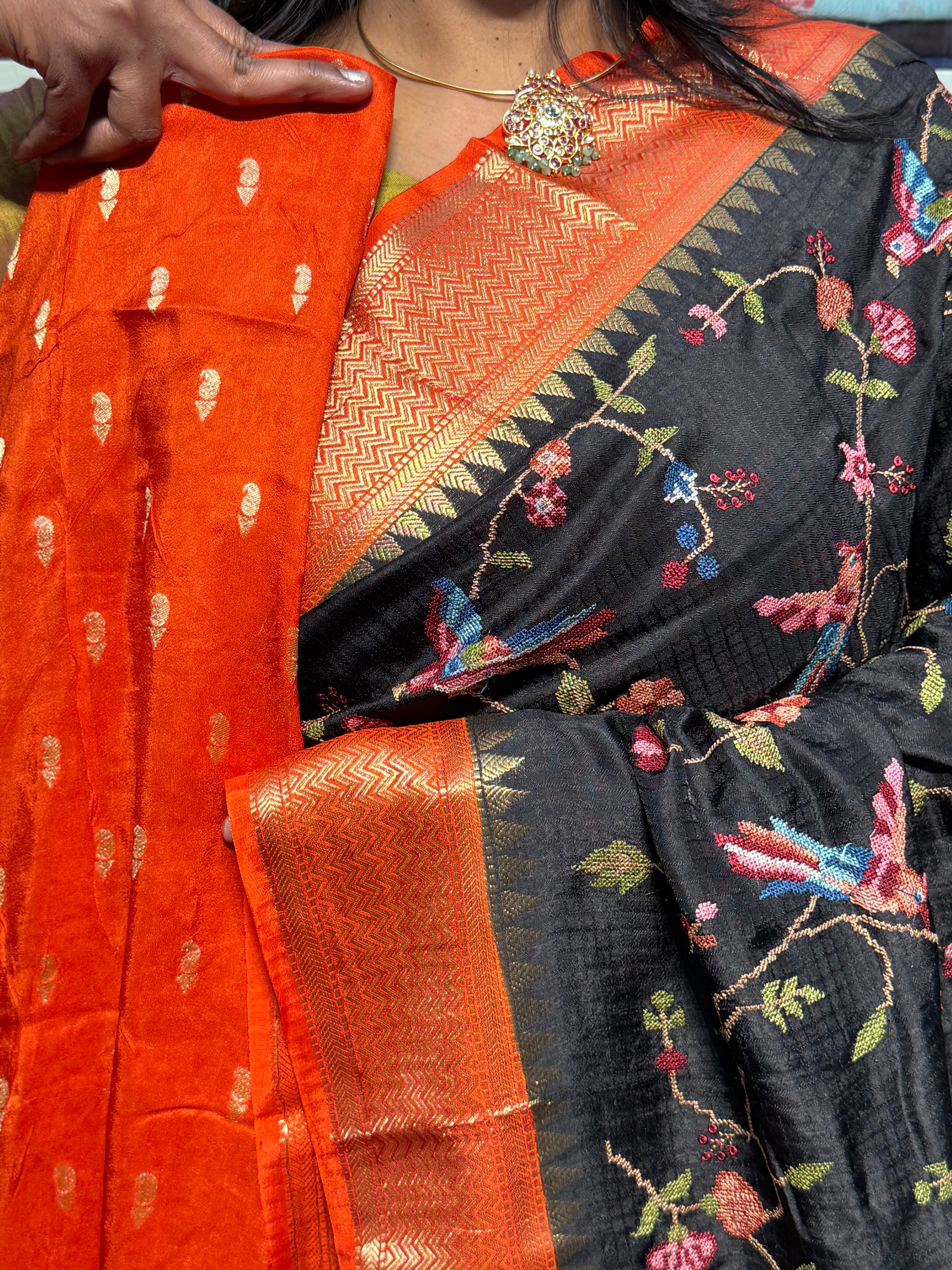 PETIT POINT EMBROIDERY ON PREMIUM MYSORE SILK SAREE: BLACK AND ORANGE