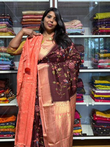 PETIT POINT EMBROIDERY ON PREMIUM MYSORE SILK SAREE: BROWN AND PEACH