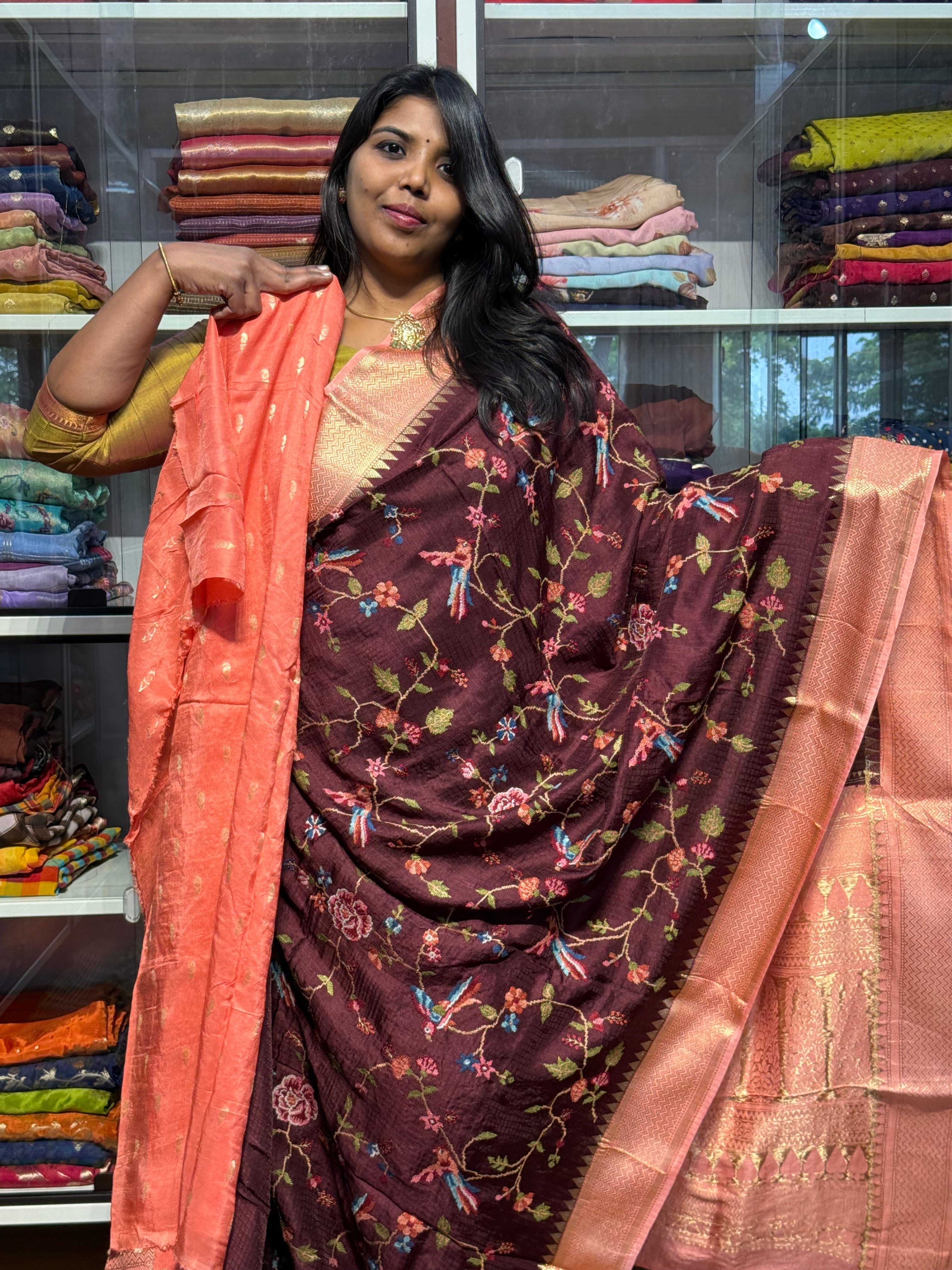 PETIT POINT EMBROIDERY ON PREMIUM MYSORE SILK SAREE: BROWN AND PEACH