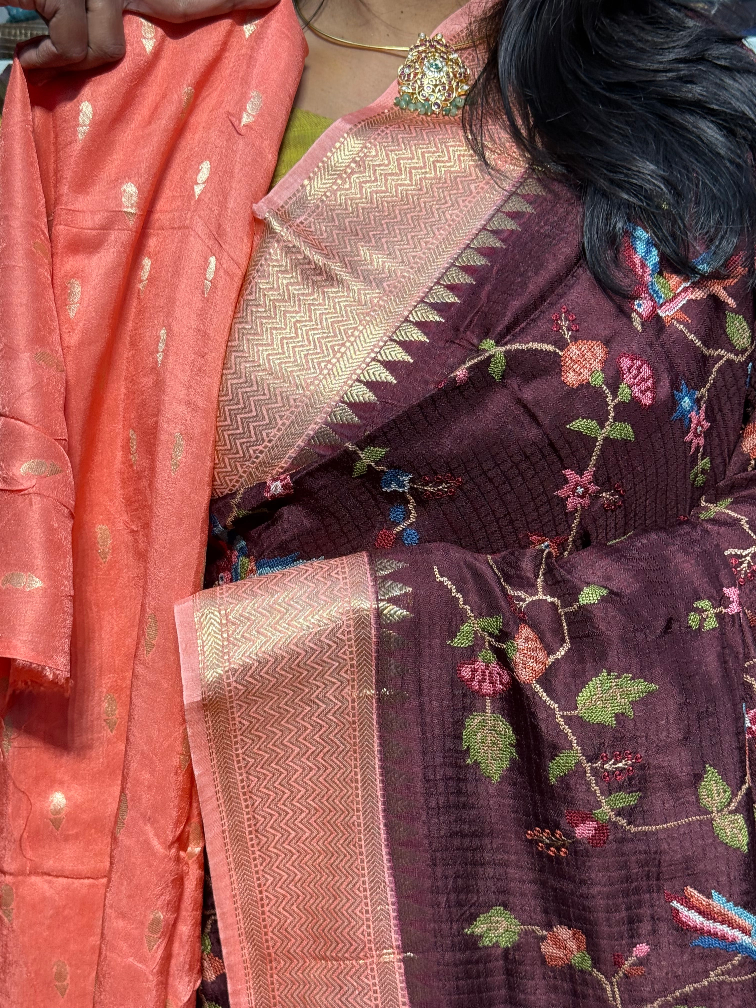 PETIT POINT EMBROIDERY ON PREMIUM MYSORE SILK SAREE: BROWN AND PEACH