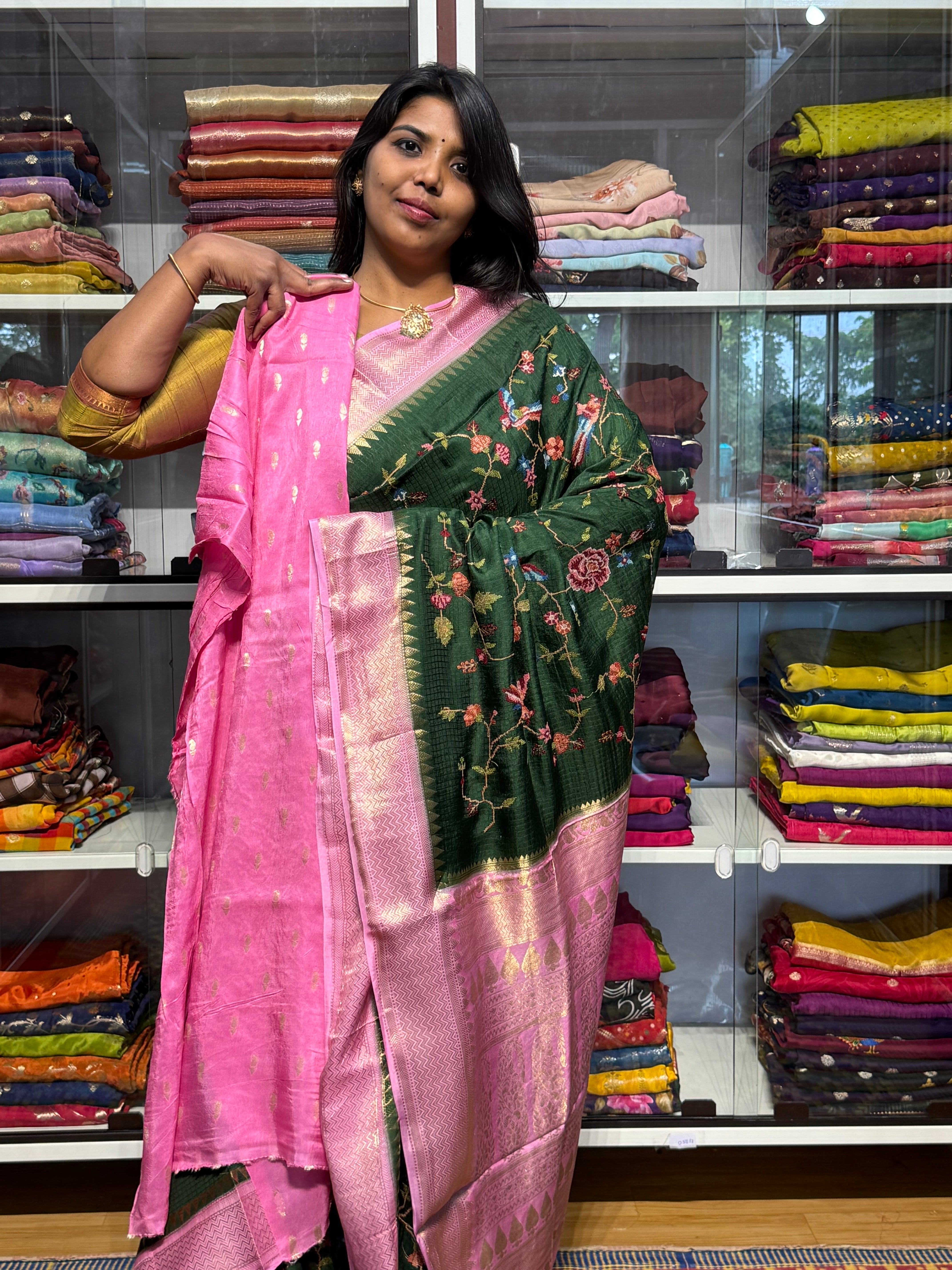 PETIT POINT EMBROIDERY ON PREMIUM MYSORE SILK SAREE: GREEN AND PINK