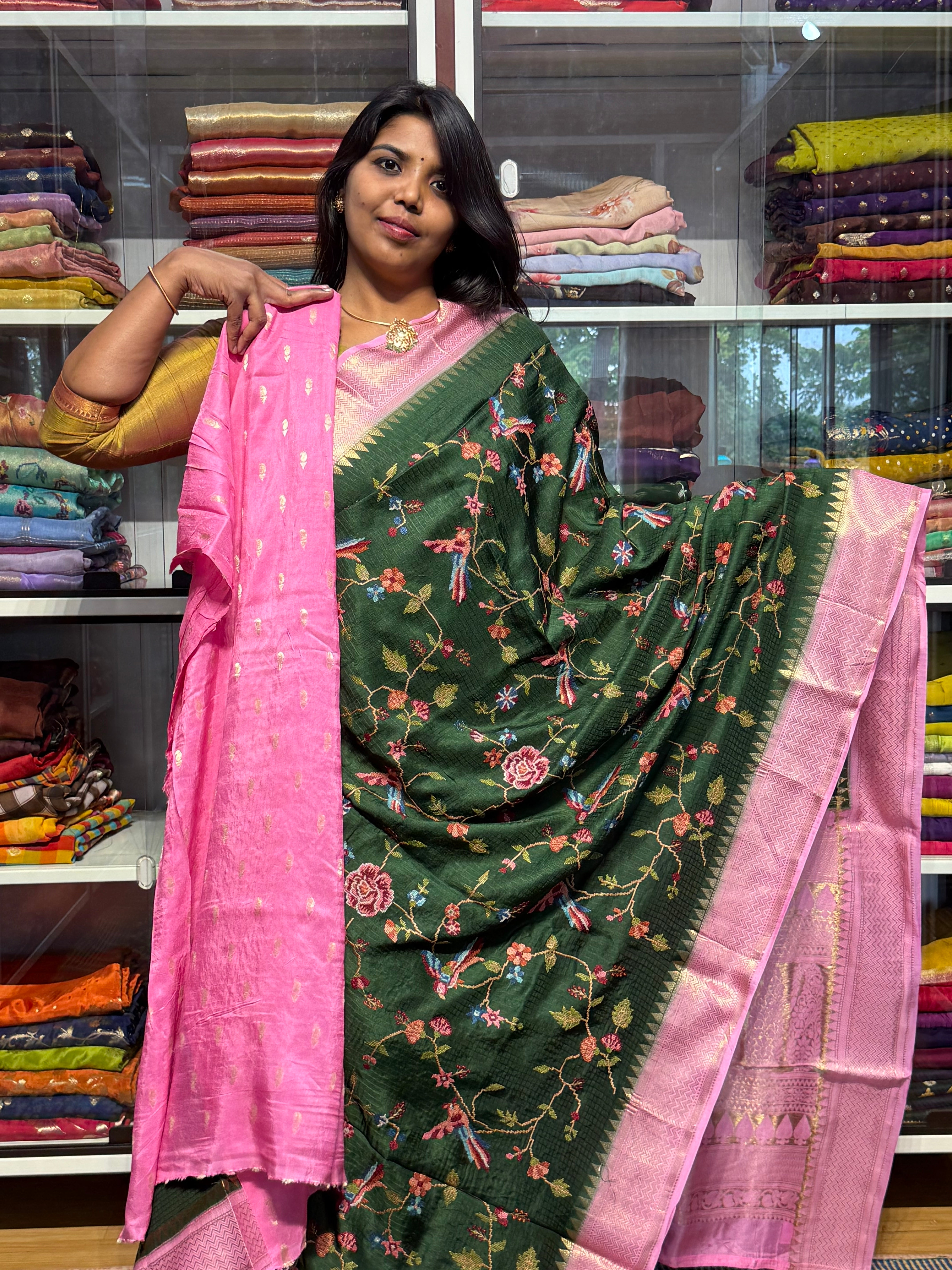 PETIT POINT EMBROIDERY ON PREMIUM MYSORE SILK SAREE: GREEN AND PINK