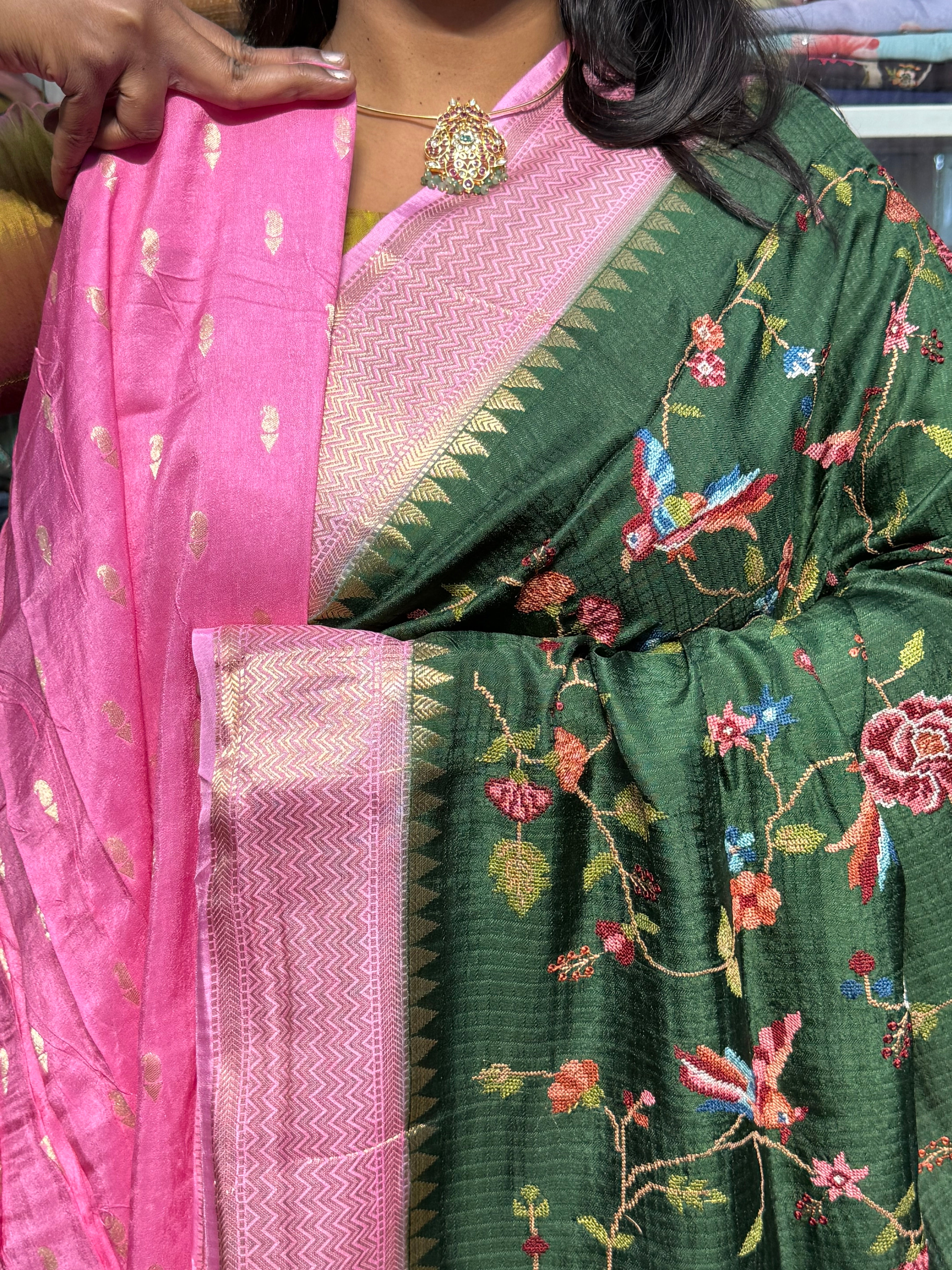 PETIT POINT EMBROIDERY ON PREMIUM MYSORE SILK SAREE: GREEN AND PINK