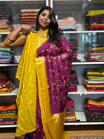 PETIT POINT EMBROIDERY ON PREMIUM MYSORE SILK SAREE: MAGENTA AND MUSTARD