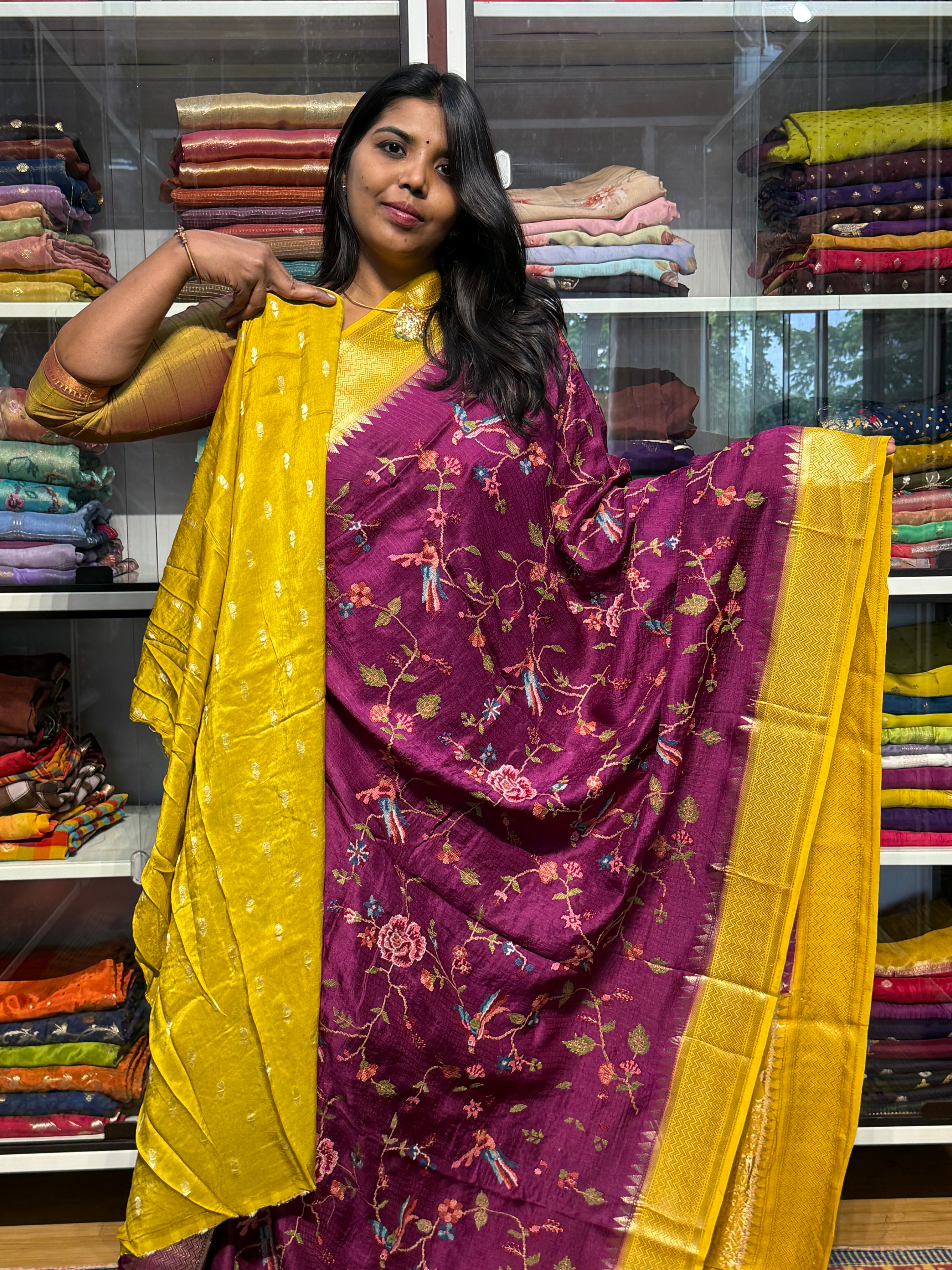 PETIT POINT EMBROIDERY ON PREMIUM MYSORE SILK SAREE: MAGENTA AND MUSTARD