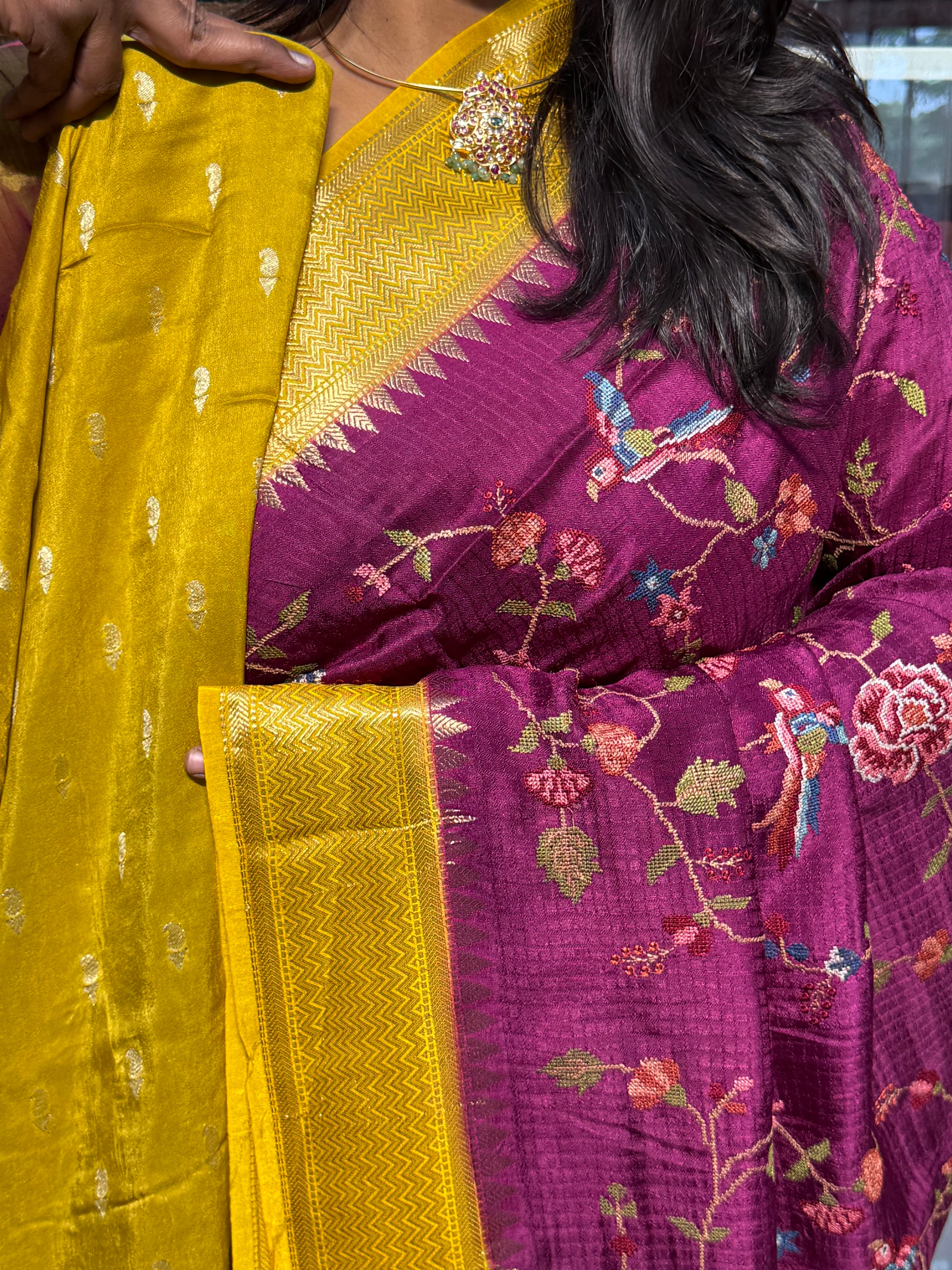 PETIT POINT EMBROIDERY ON PREMIUM MYSORE SILK SAREE: MAGENTA AND MUSTARD