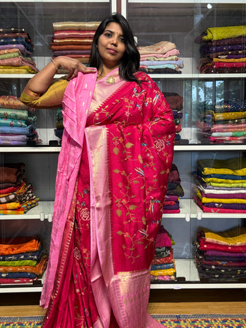 PETIT POINT EMBROIDERY ON PREMIUM MYSORE SILK SAREE: RANI AND BABY PINK