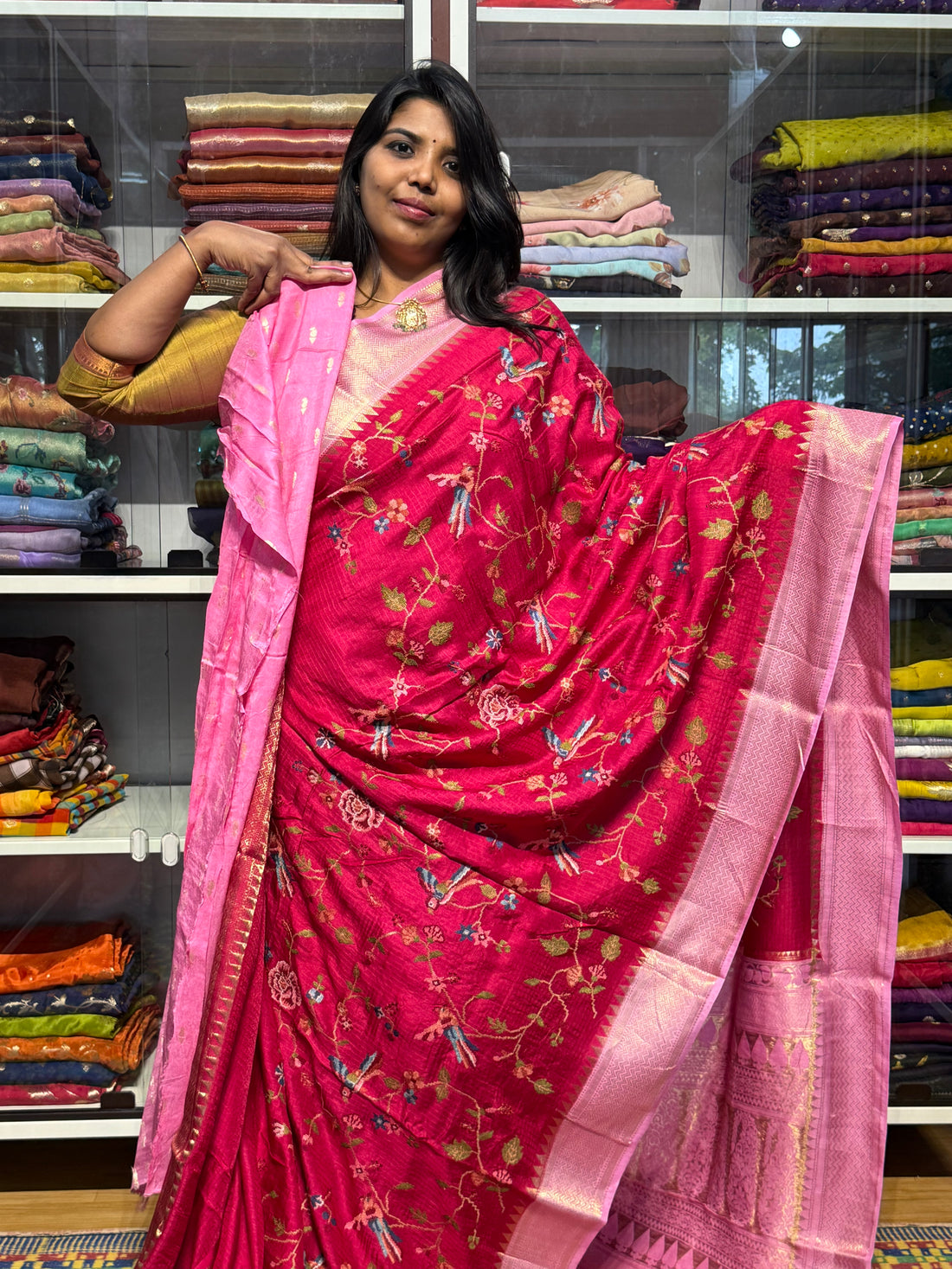 PETIT POINT EMBROIDERY ON PREMIUM MYSORE SILK SAREE: RANI AND BABY PINK