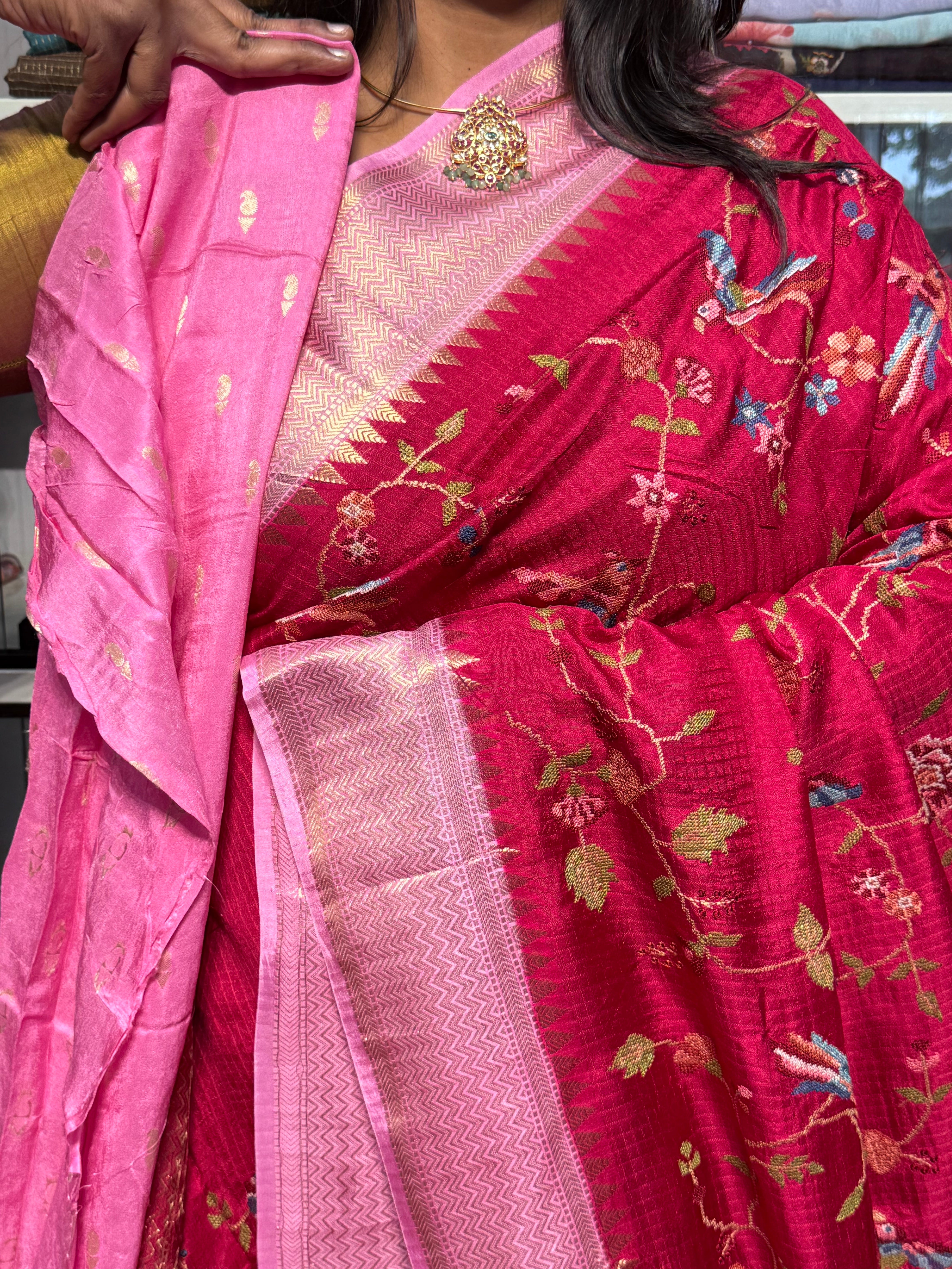 PETIT POINT EMBROIDERY ON PREMIUM MYSORE SILK SAREE: RANI AND BABY PINK