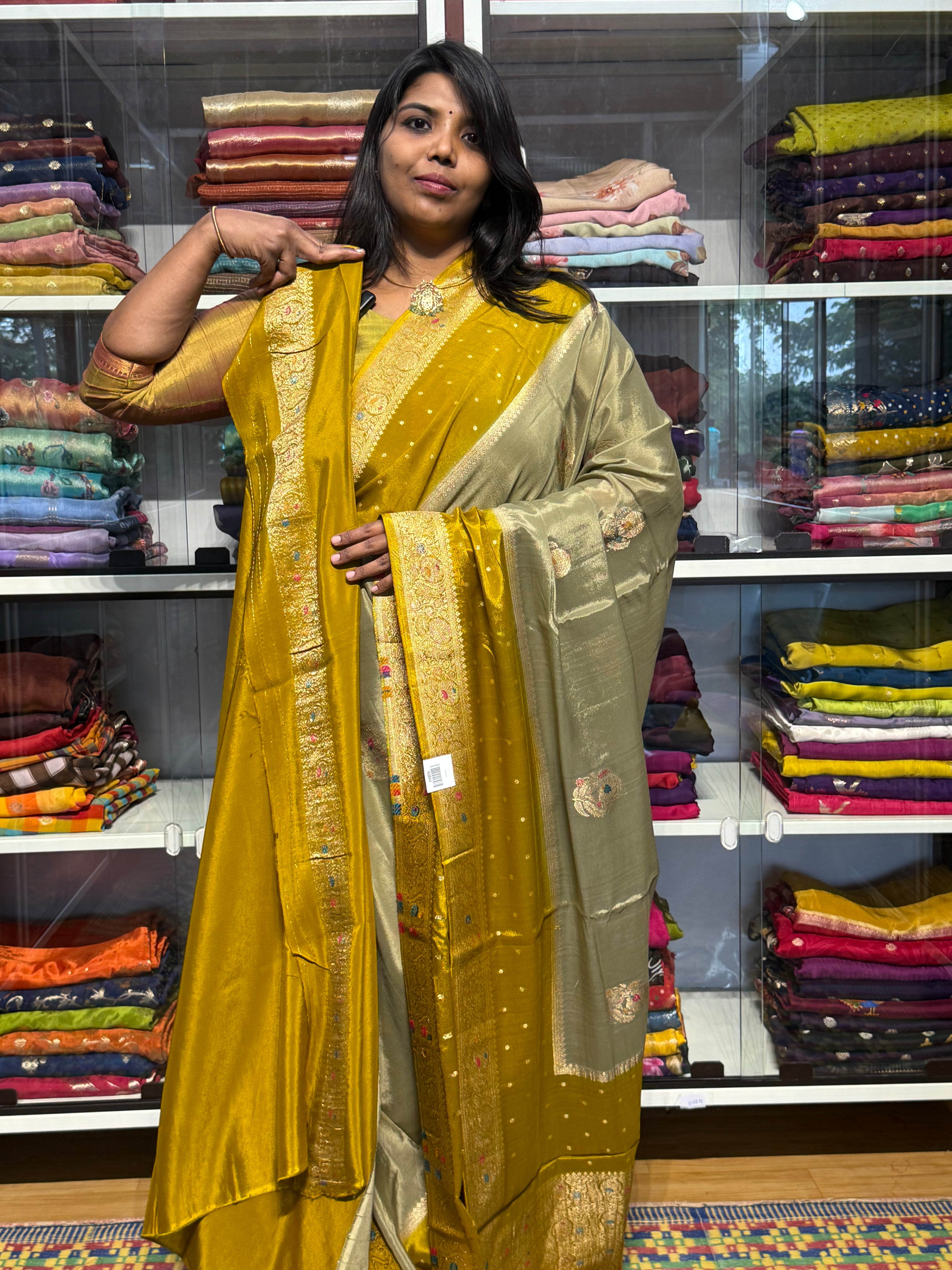 PURE CHINNON SILK SAREE WITH MEENA GAP BORER: PASTEL PISTA