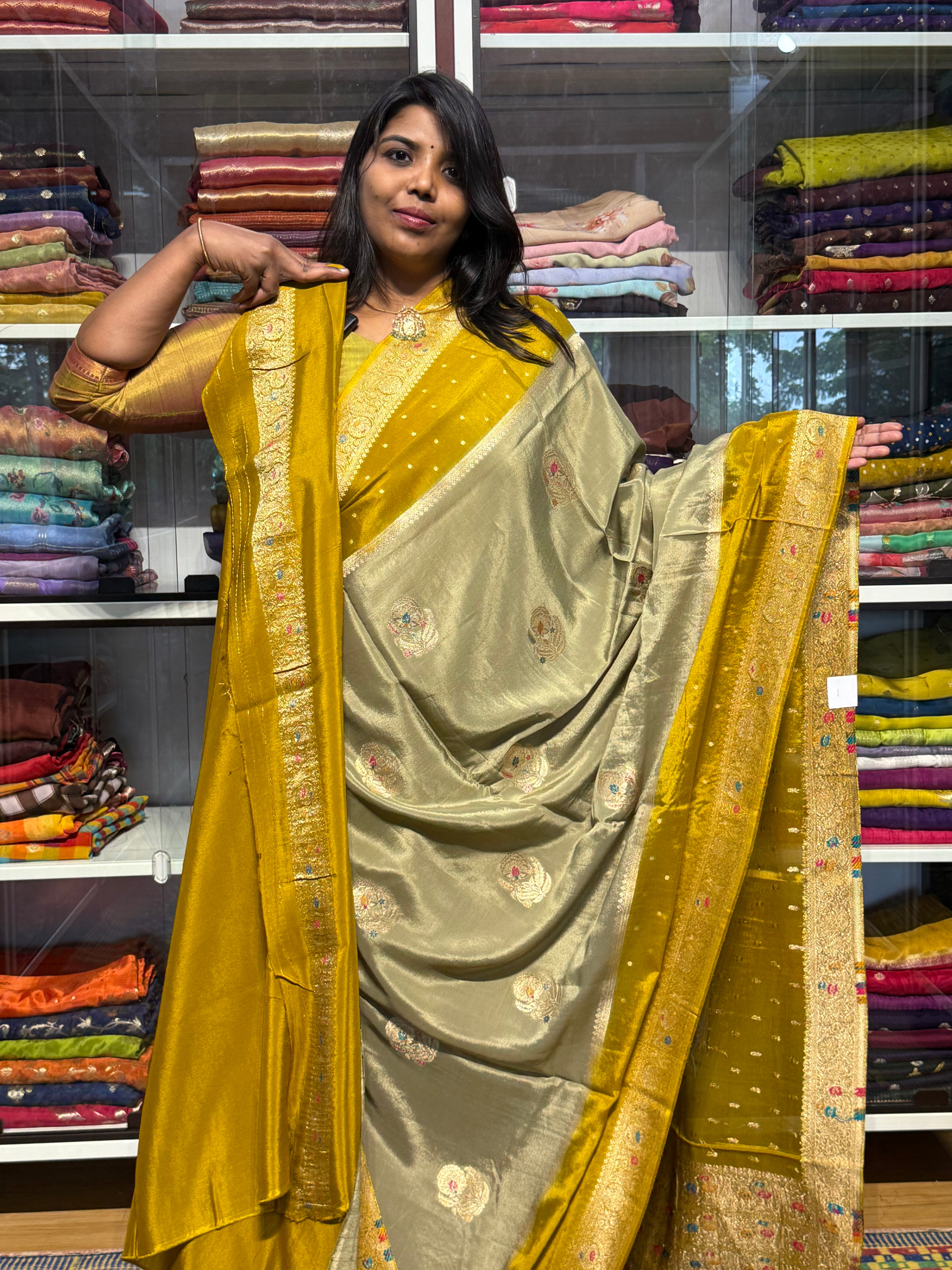PURE CHINNON SILK SAREE WITH MEENA GAP BORER: PASTEL PISTA