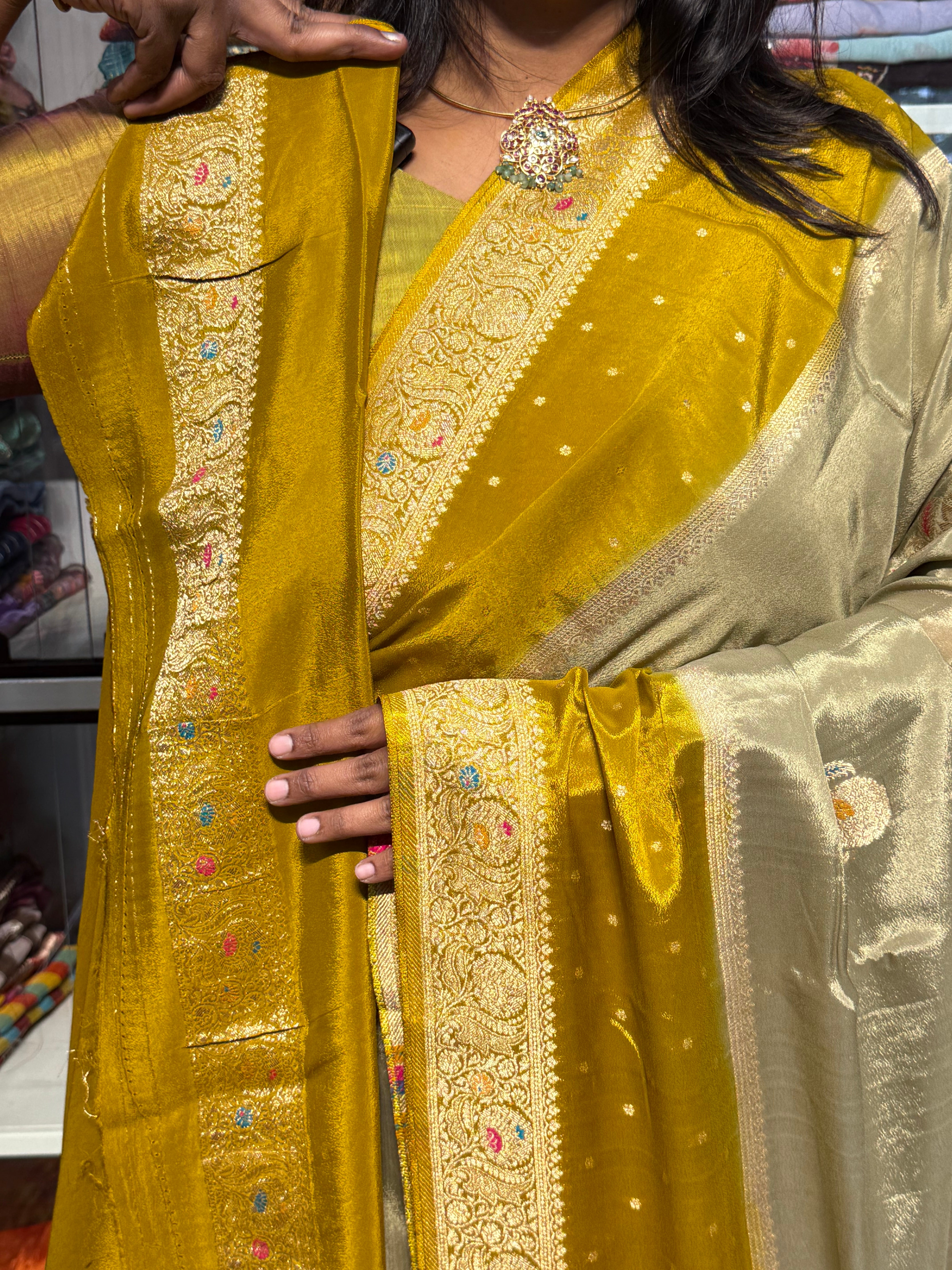 PURE CHINNON SILK SAREE WITH MEENA GAP BORER: PASTEL PISTA