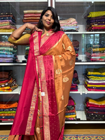 PURE CHINNON SILK SAREE WITH MEENA GAP BORER: GANDHAM