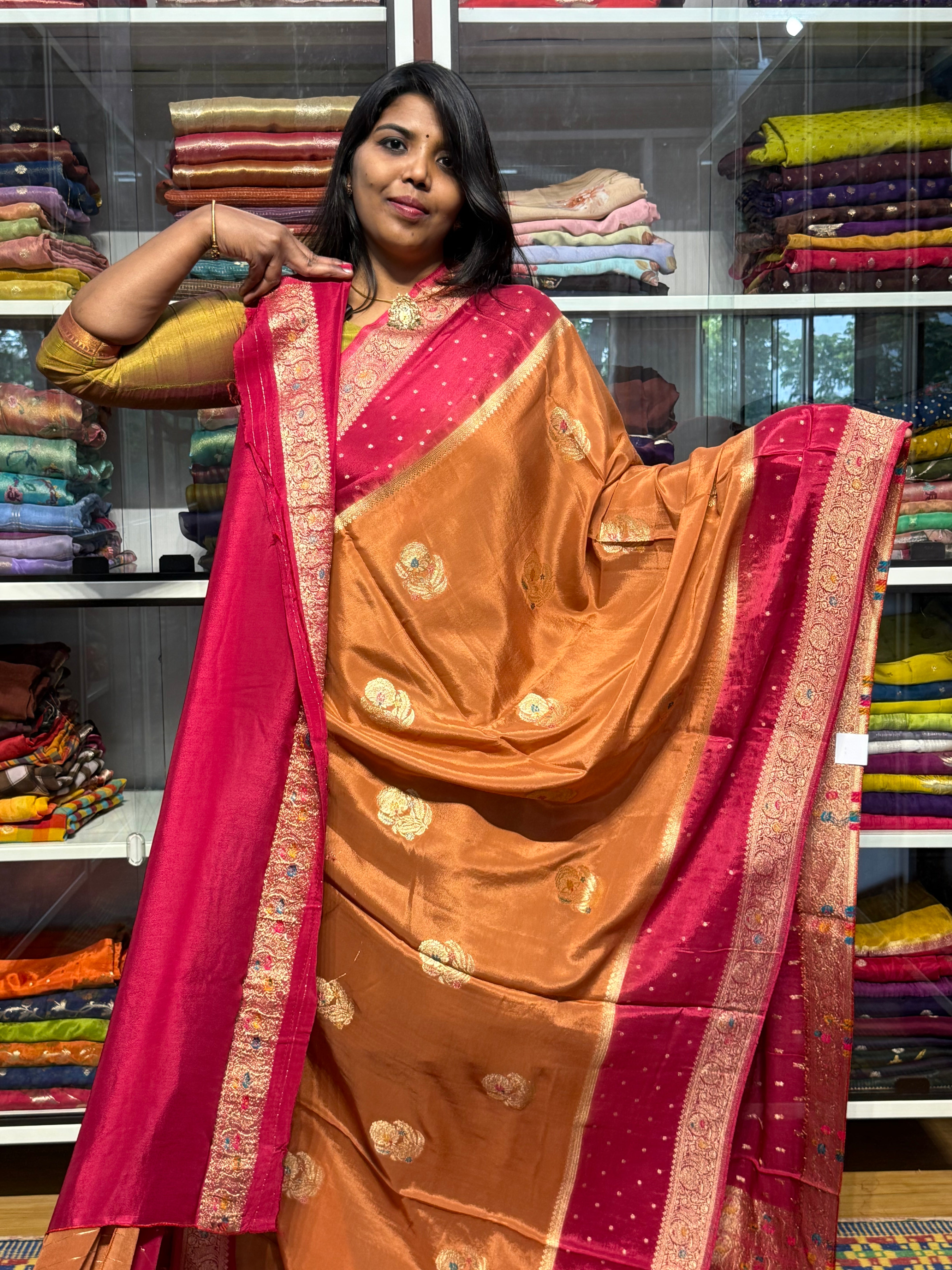 PURE CHINNON SILK SAREE WITH MEENA GAP BORER: GANDHAM