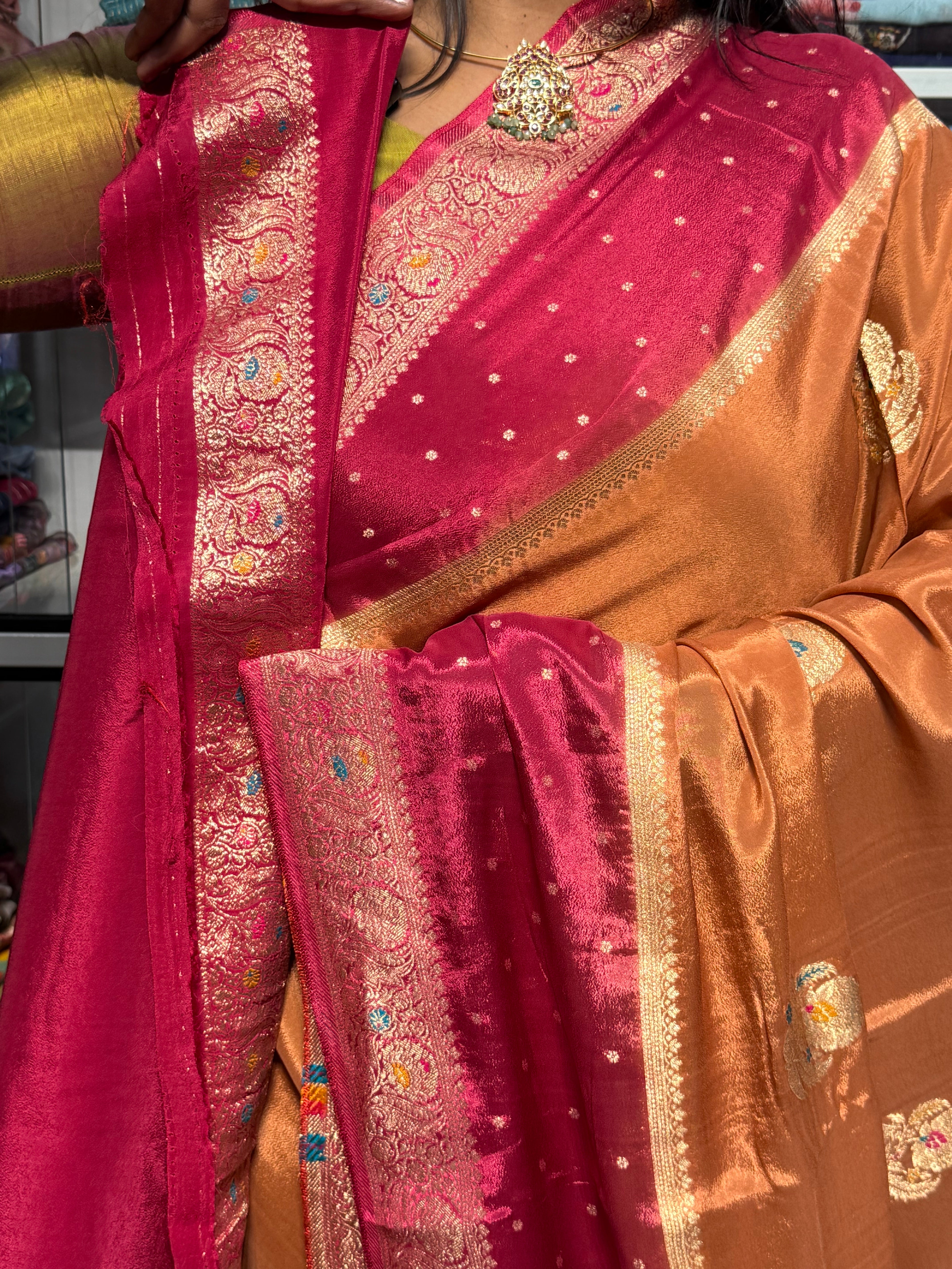 PURE CHINNON SILK SAREE WITH MEENA GAP BORER: GANDHAM